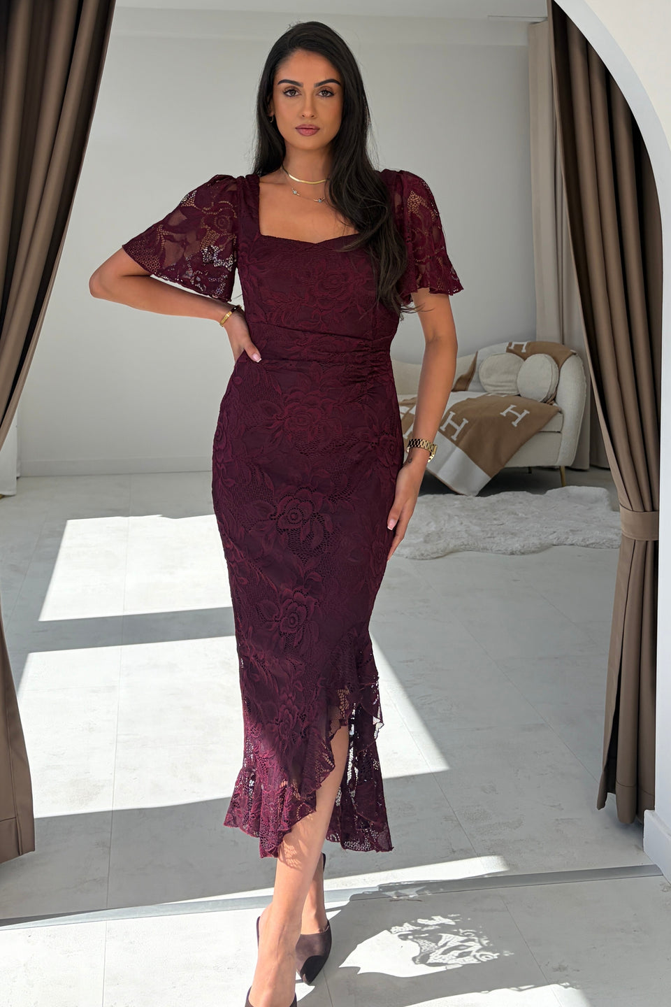 Heidi Berry Lace Ruched Midi Dress