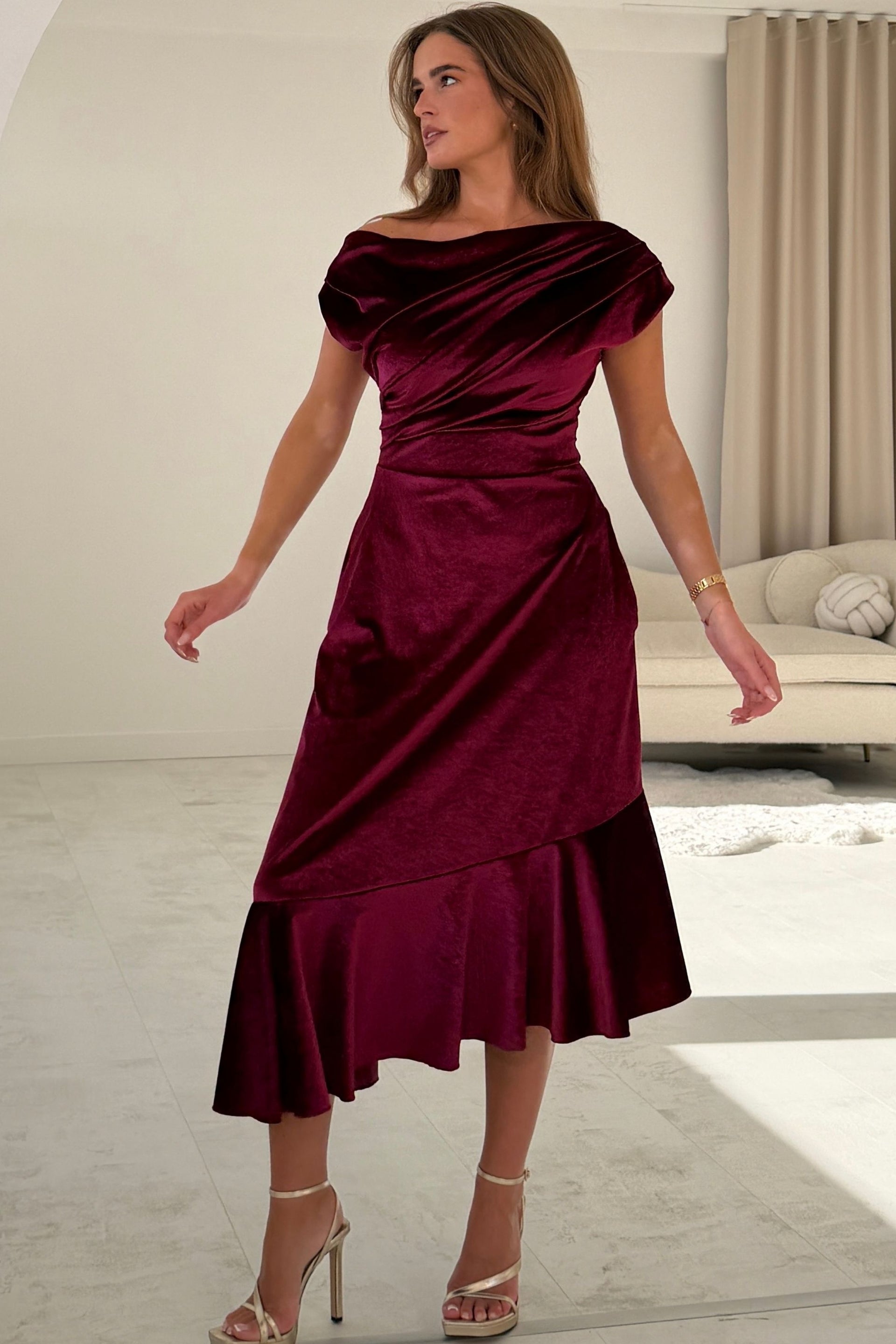 Felicity Asymmetric Frill Midi Dress Berry Velvet