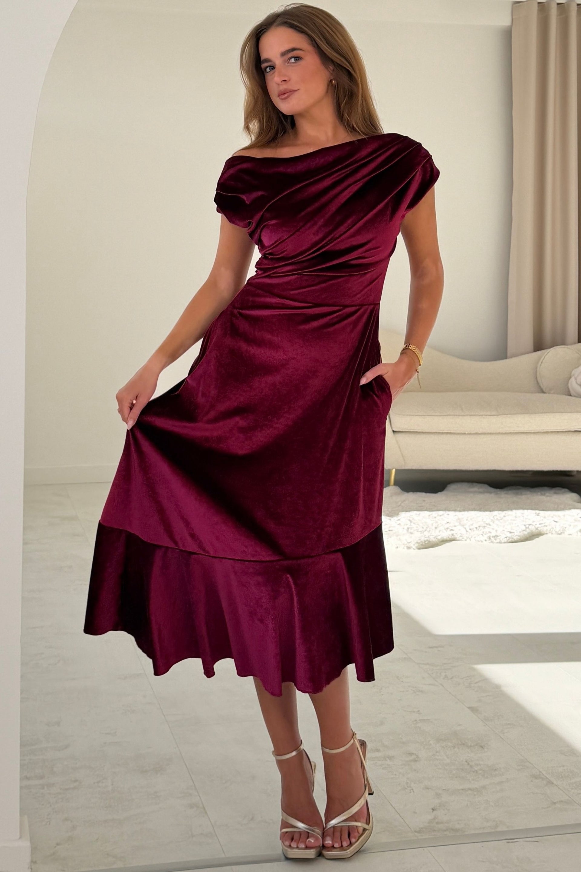 Felicity Asymmetric Frill Midi Dress Berry Velvet
