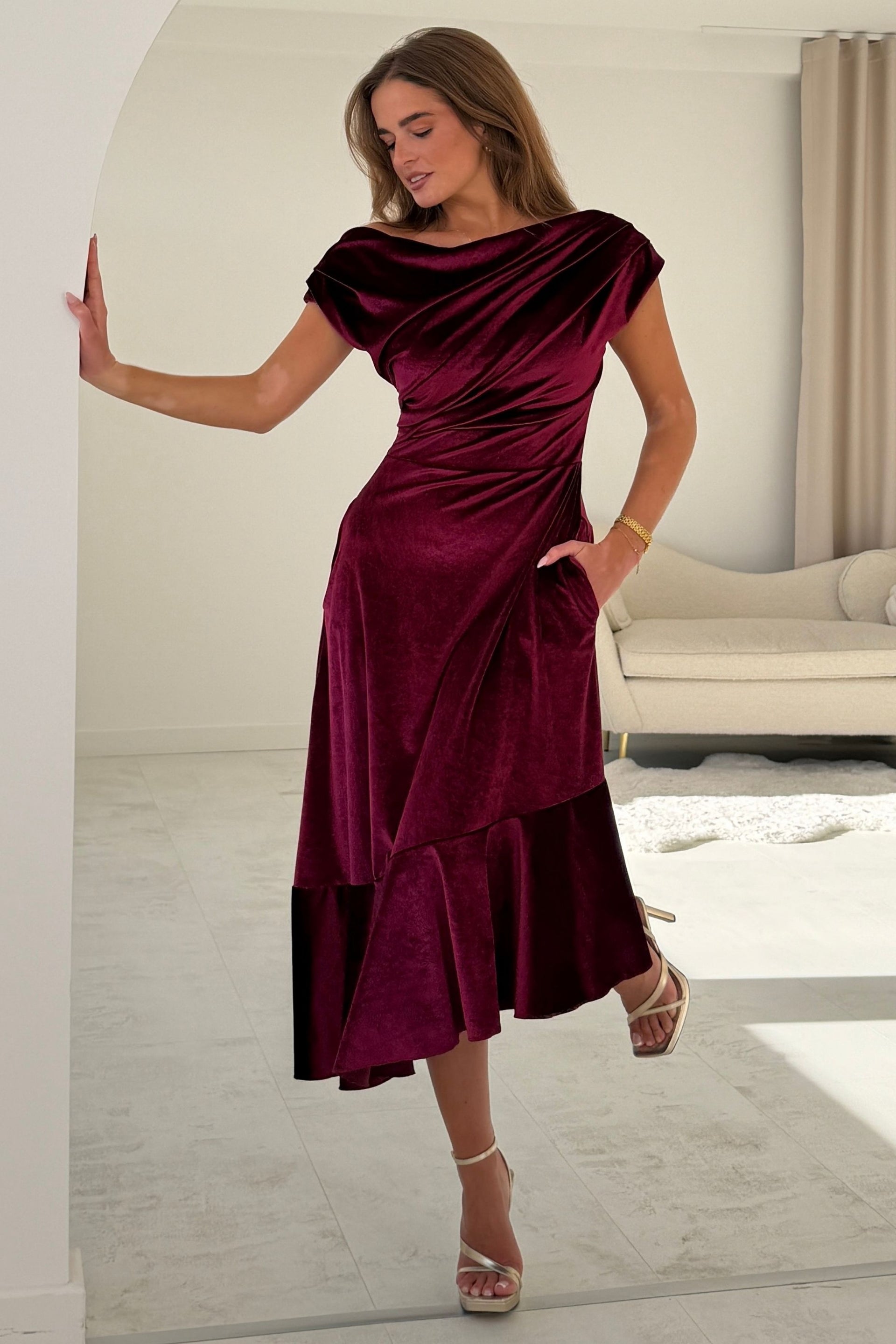 Felicity Asymmetric Frill Midi Dress Berry Velvet