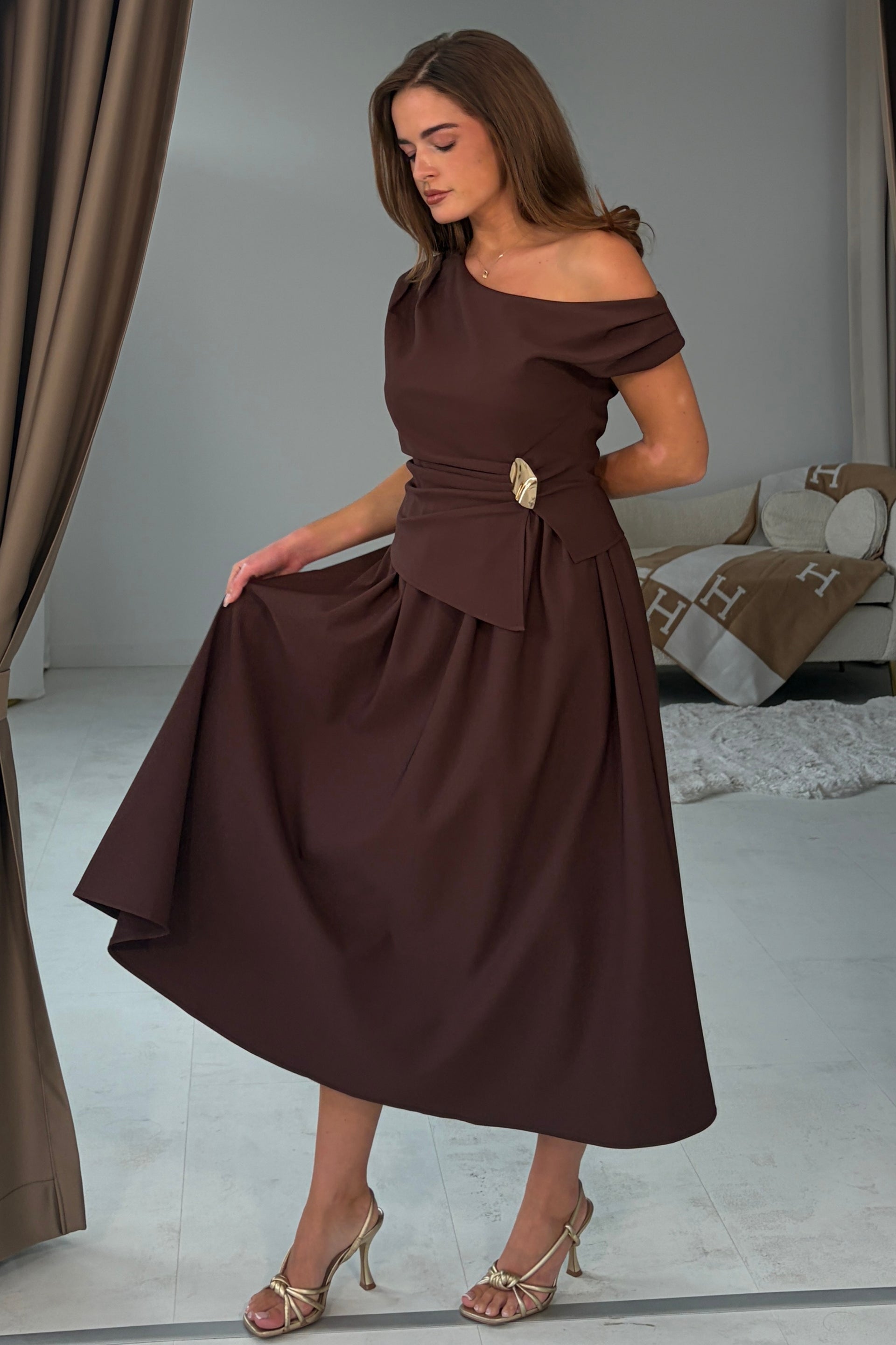 Simran Asymmetric Gold Buckle Midi Dress Brown