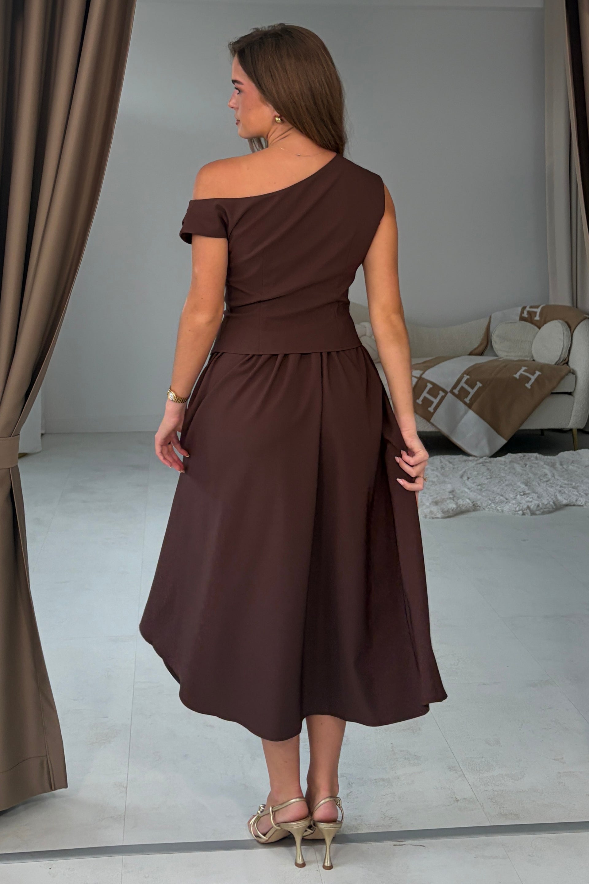 Simran Asymmetric Gold Buckle Midi Dress Brown