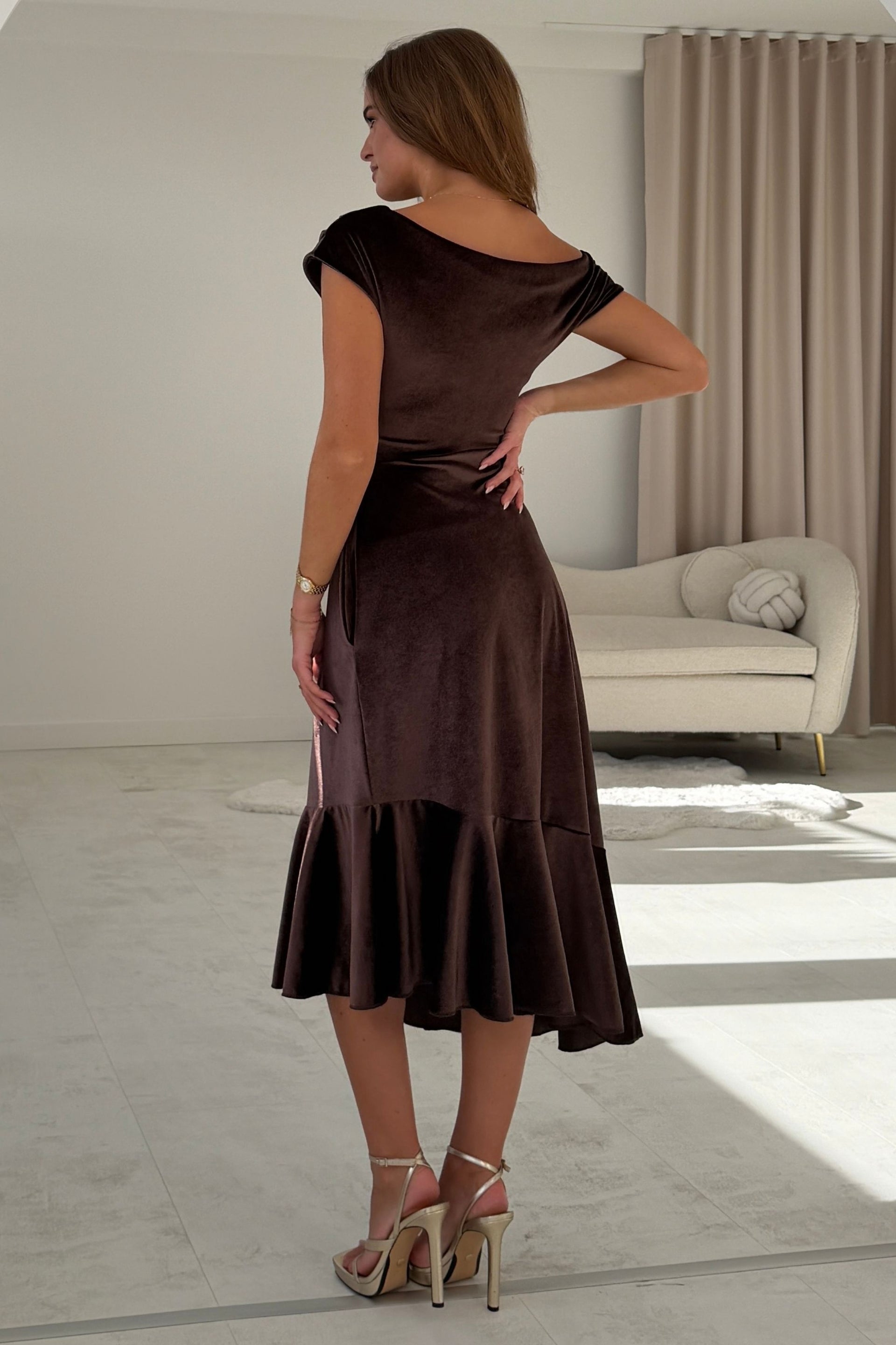 Felicity Asymmetric Frill Midi Dress Brown Velvet