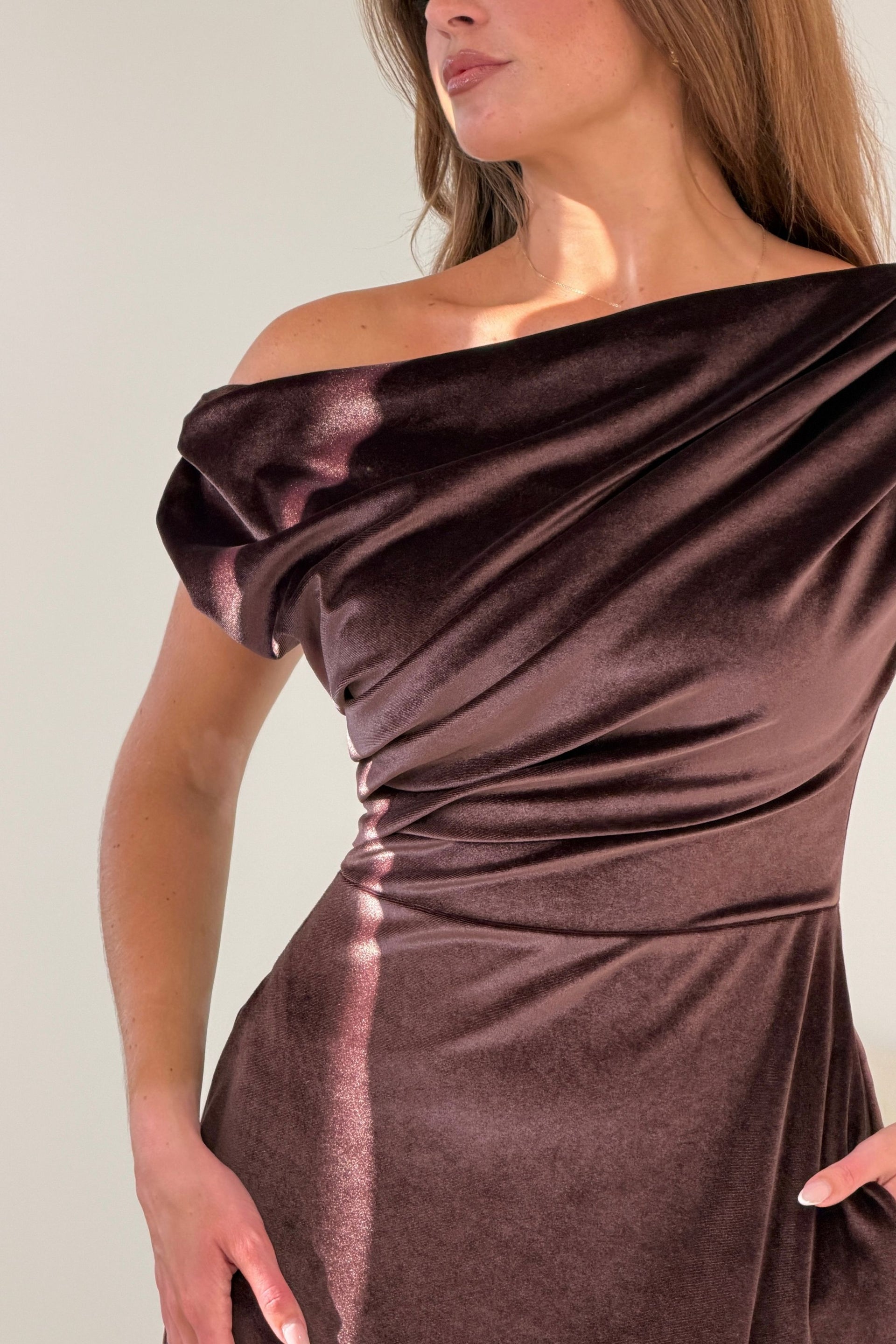 Felicity Asymmetric Frill Midi Dress Brown Velvet