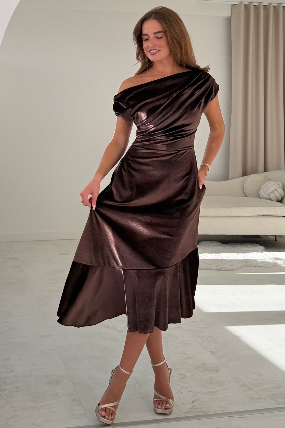 Felicity Asymmetric Frill Midi Dress Brown Velvet