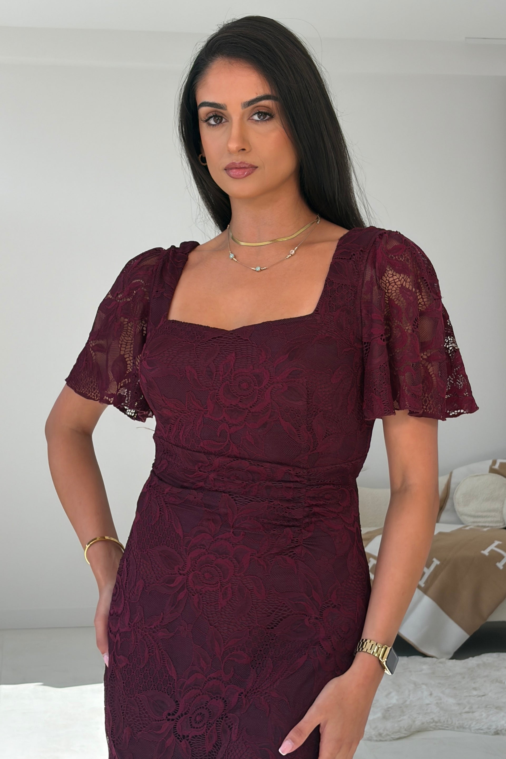 Heidi Berry Lace Ruched Midi Dress
