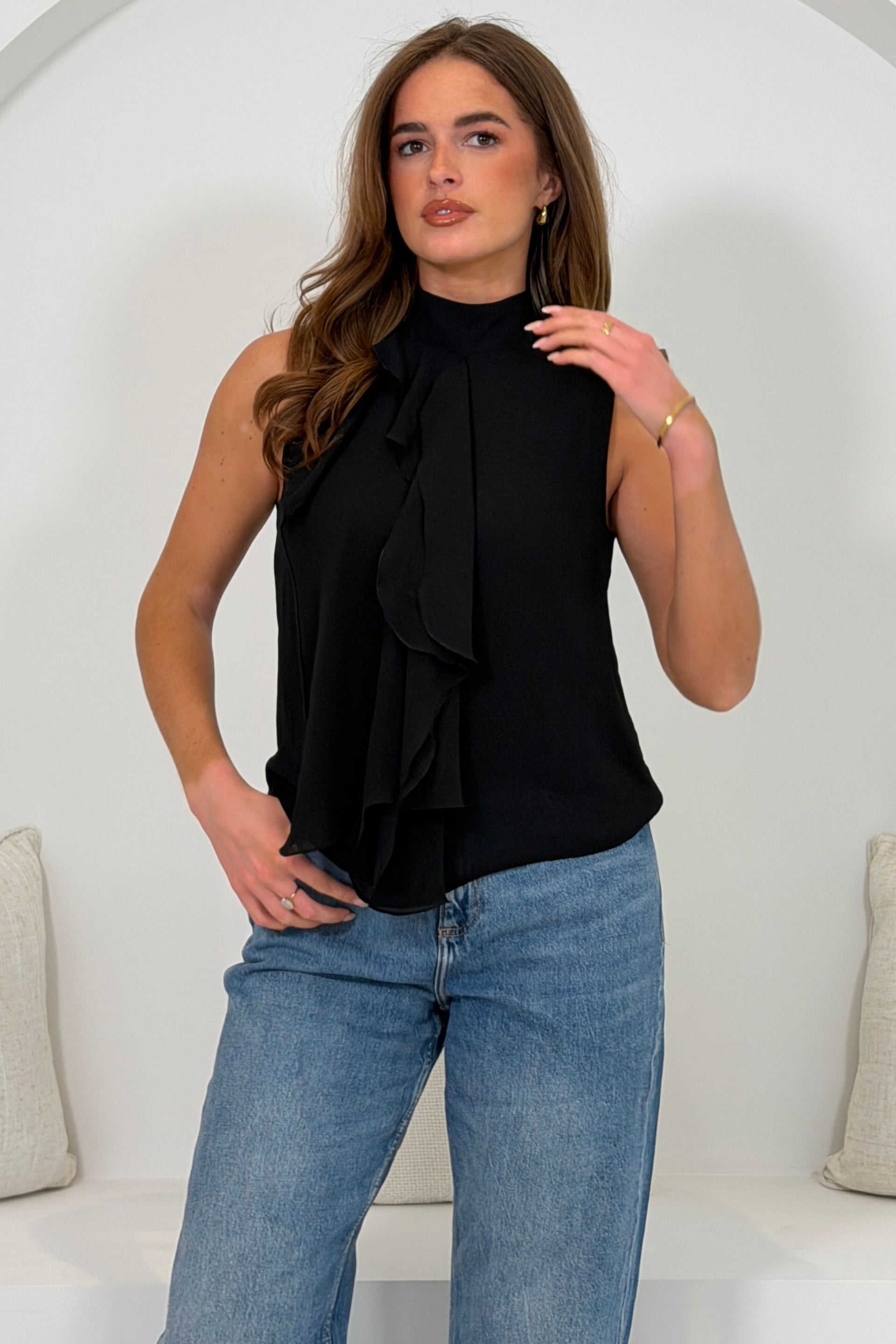 Faye Ruffle Sleeveless Top Black
