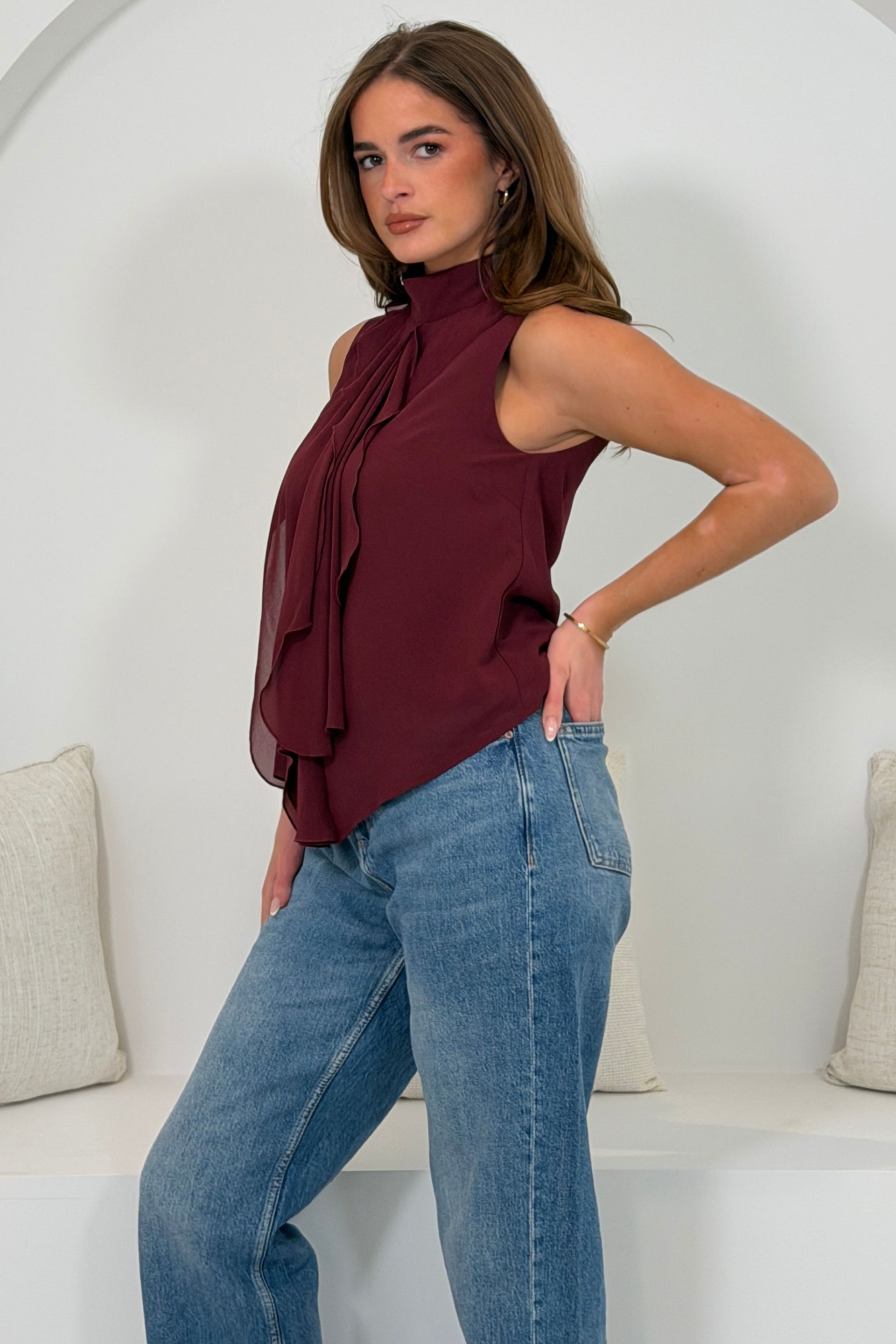 Faye Ruffle Sleeveless Top Wine