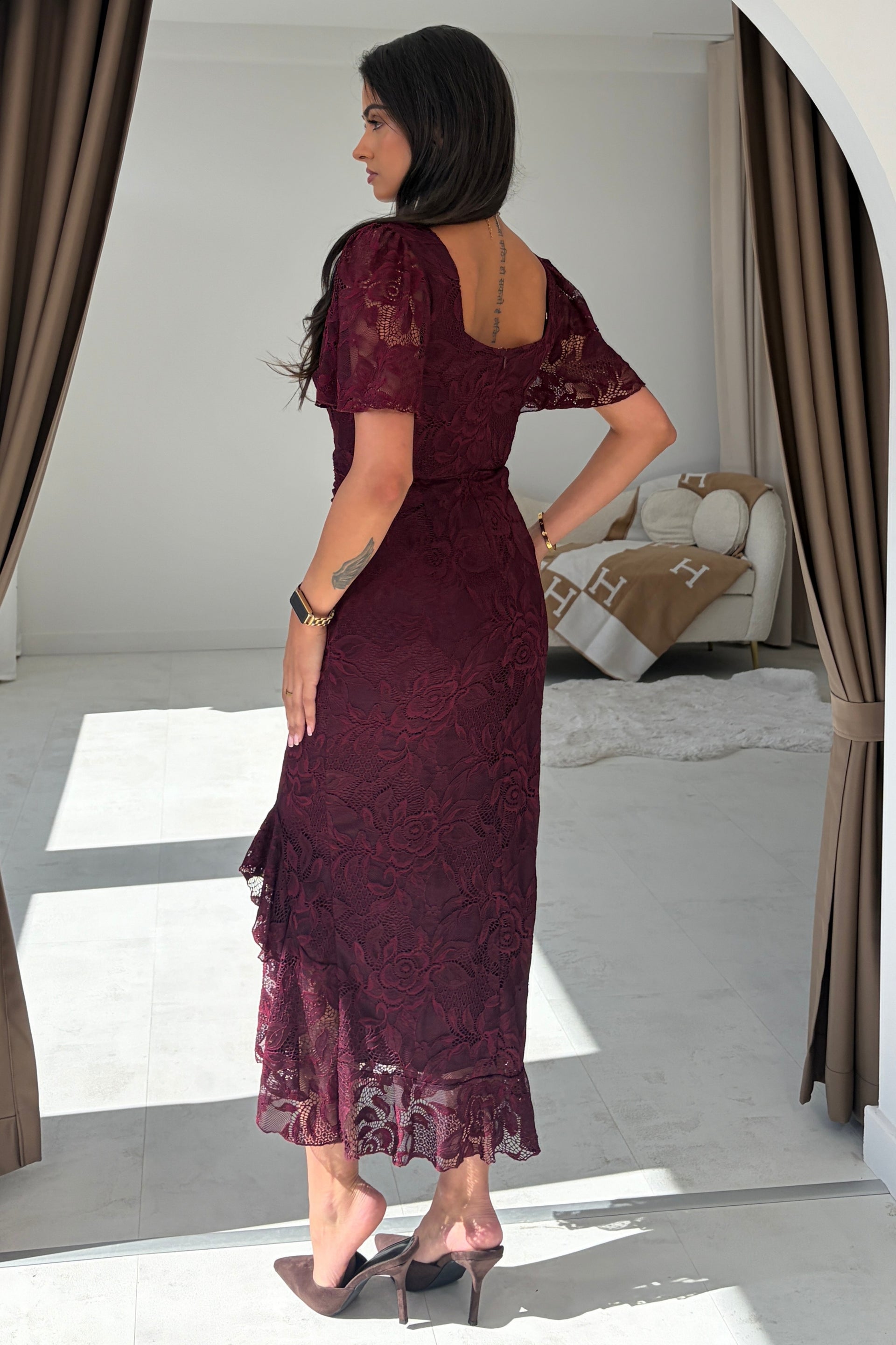 Heidi Berry Lace Ruched Midi Dress