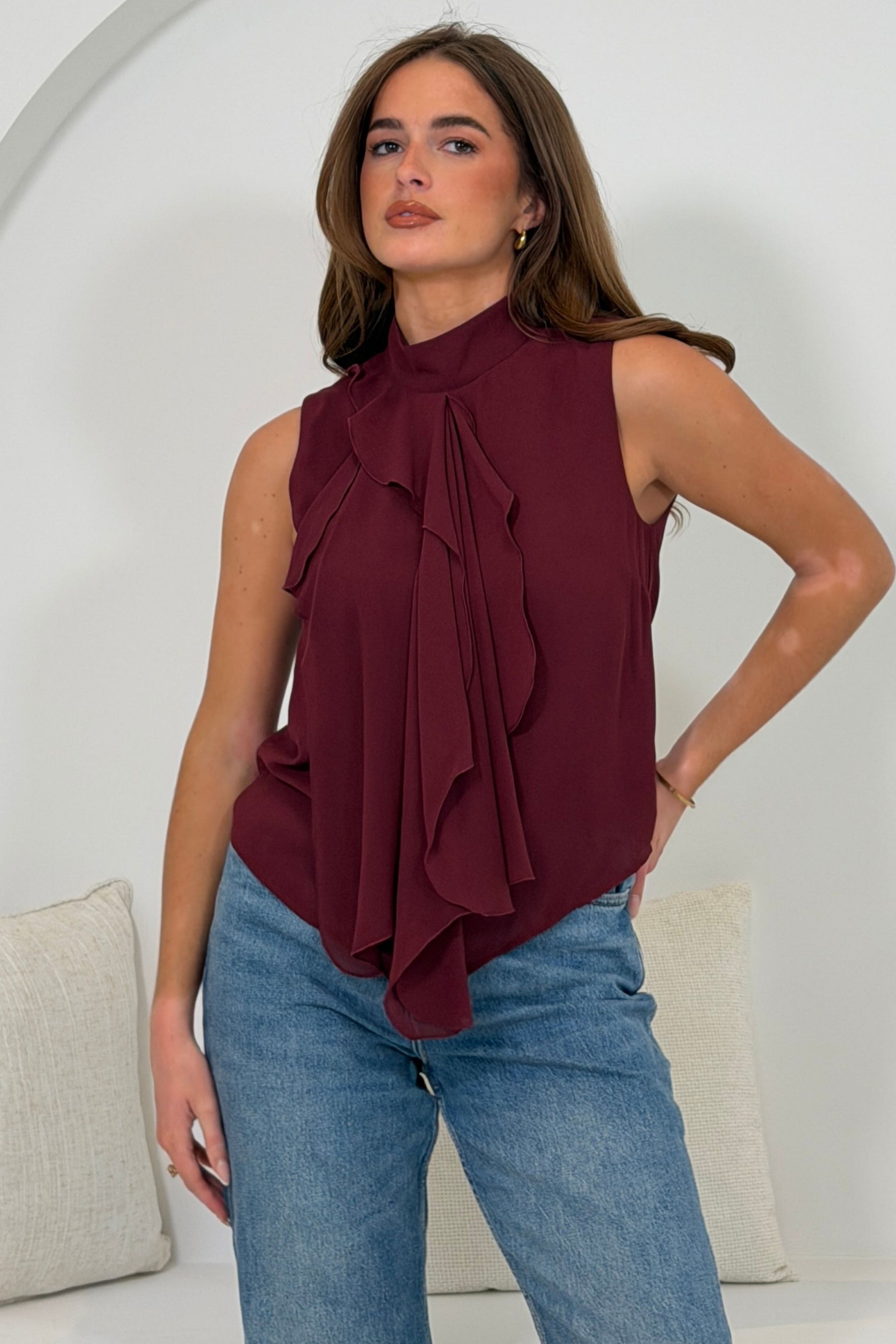 Faye Ruffle Sleeveless Top Wine