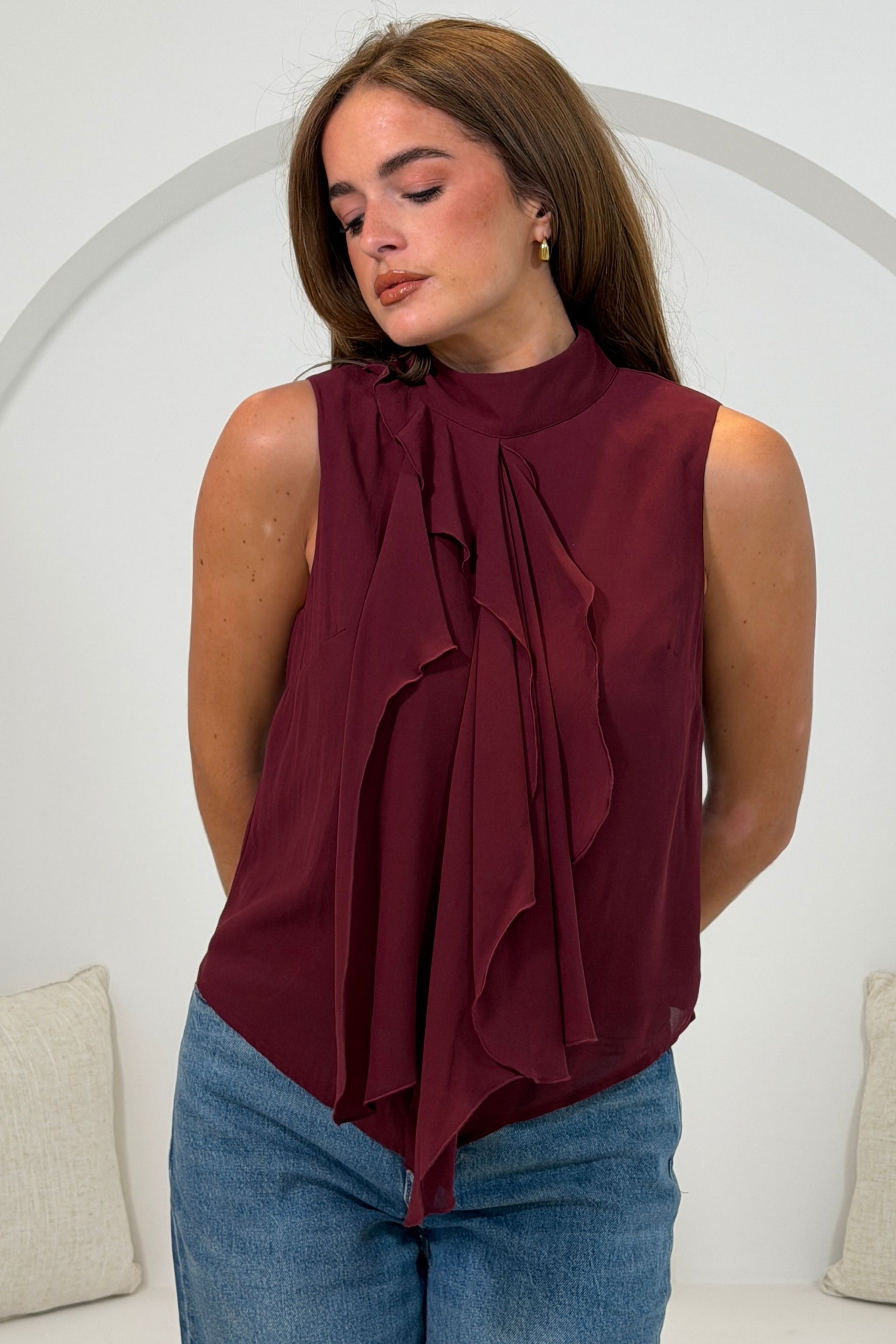 Faye Ruffle Sleeveless Top Wine