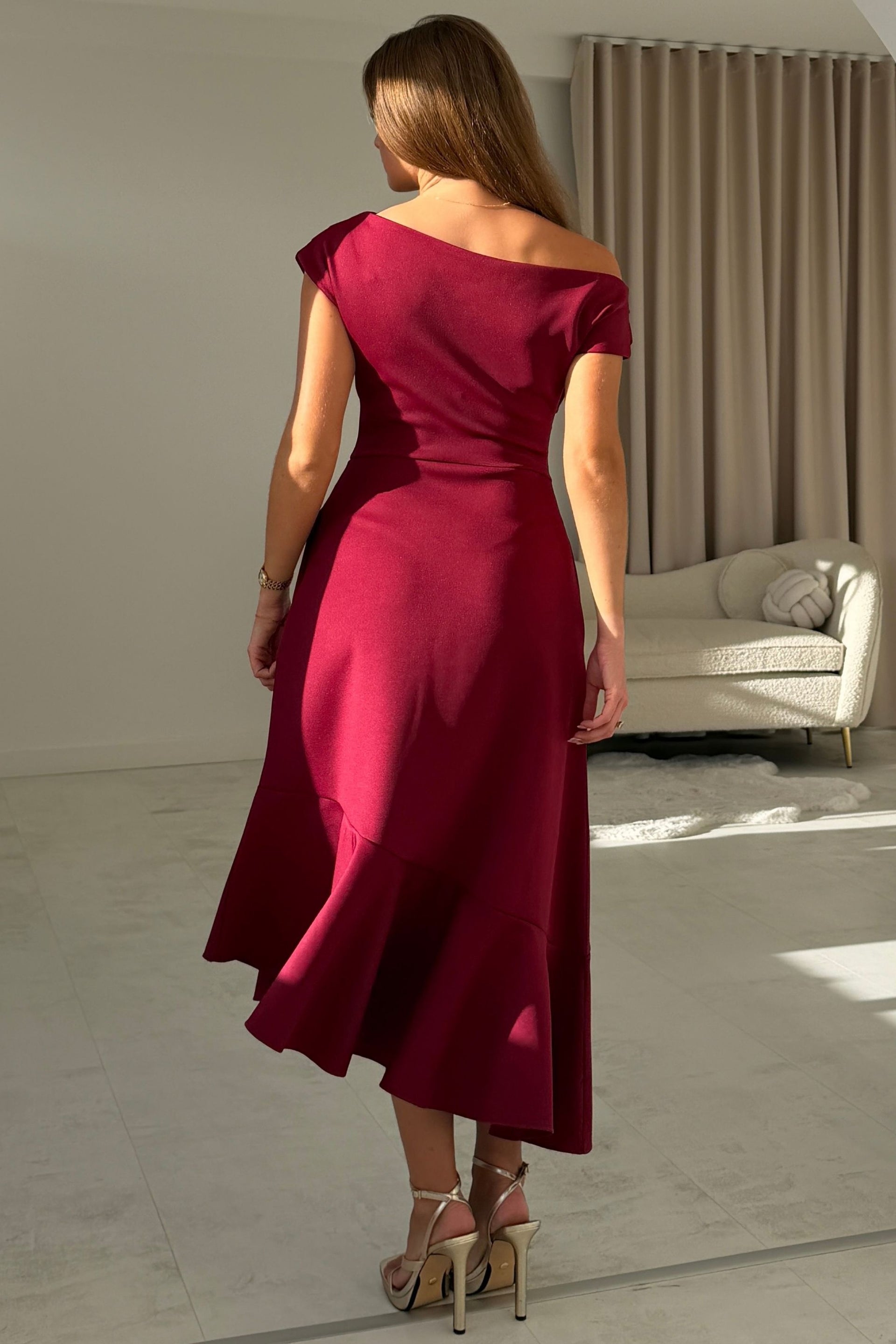 Felicity Asymmetric Frill Midi Dress Wine