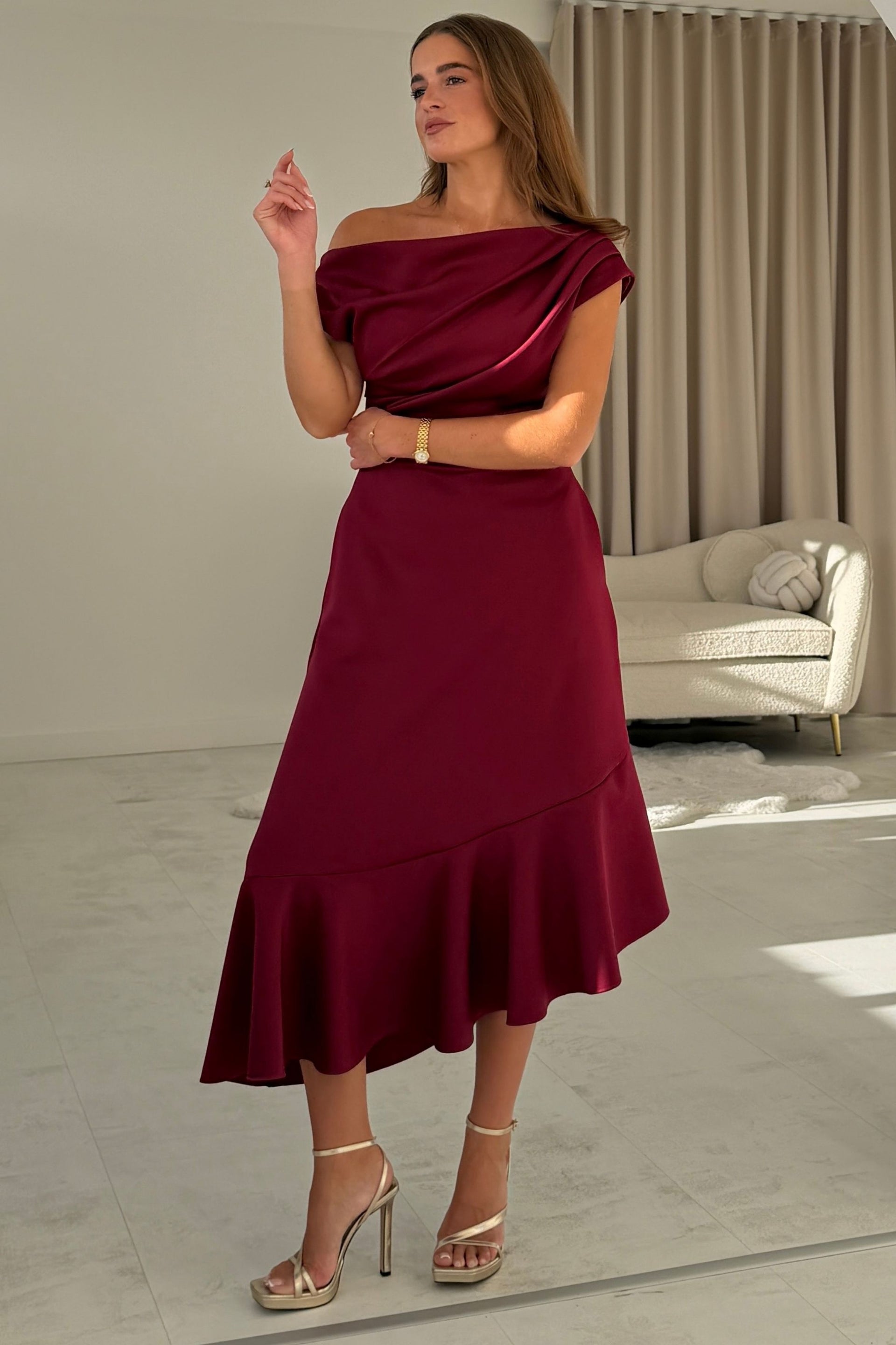 Felicity Asymmetric Frill Midi Dress Wine