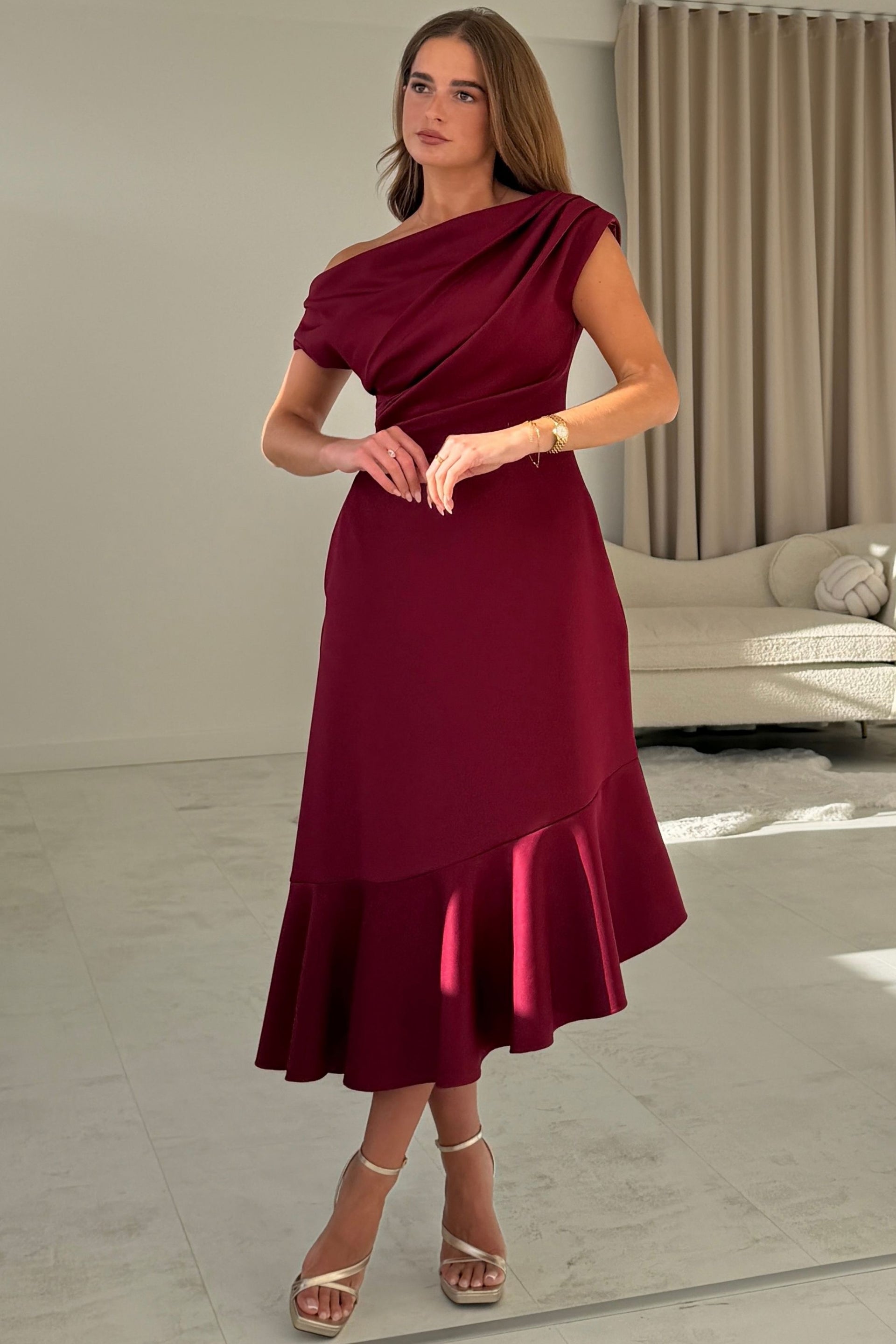 Felicity Asymmetric Frill Midi Dress Wine