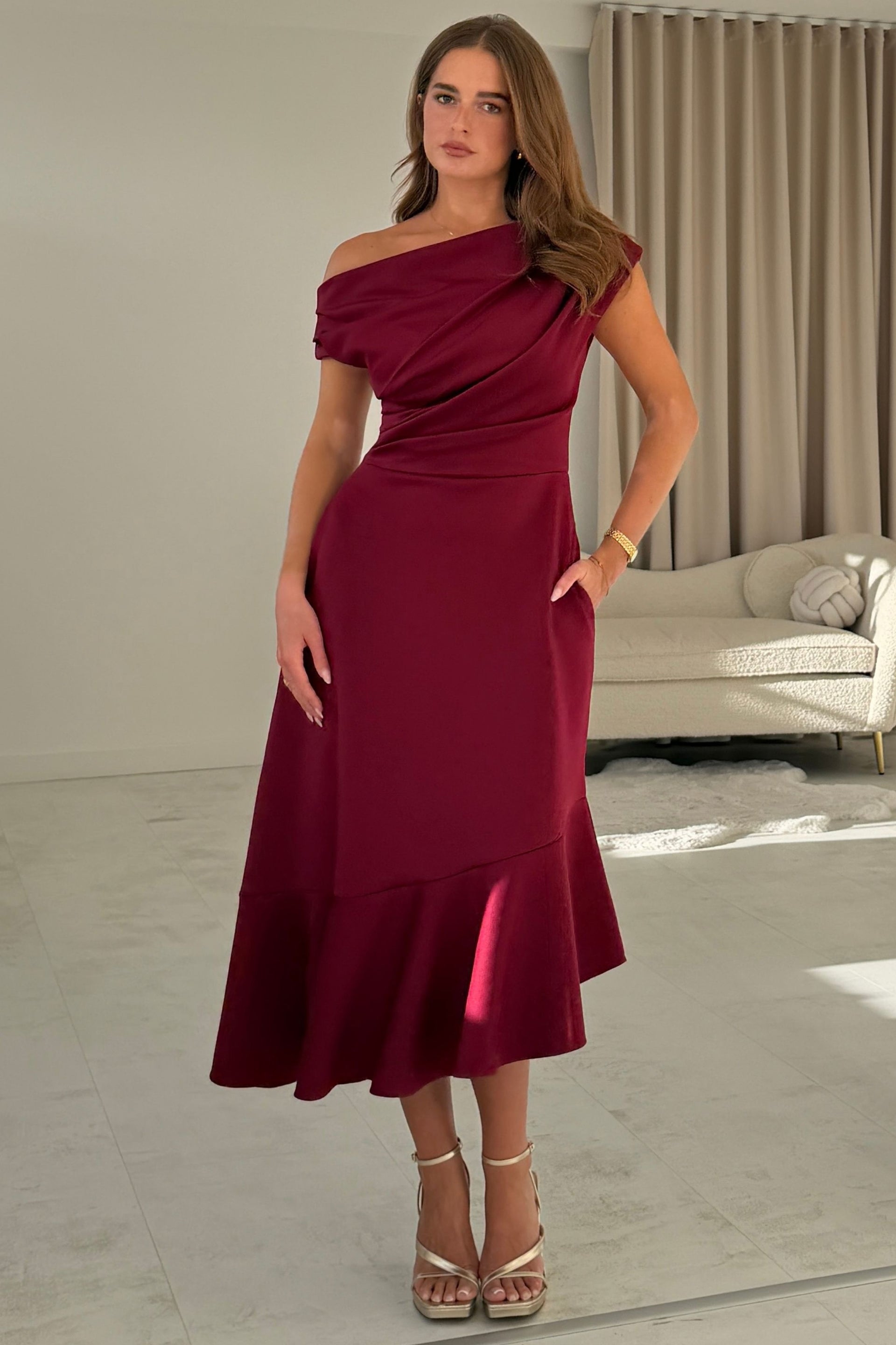 Felicity Asymmetric Frill Midi Dress Wine