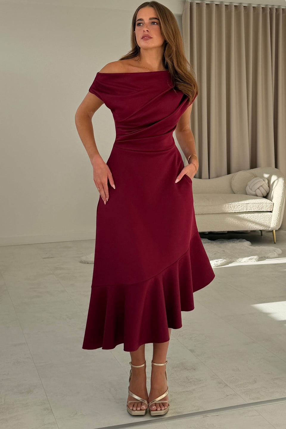 Felicity Asymmetric Frill Midi Dress Wine