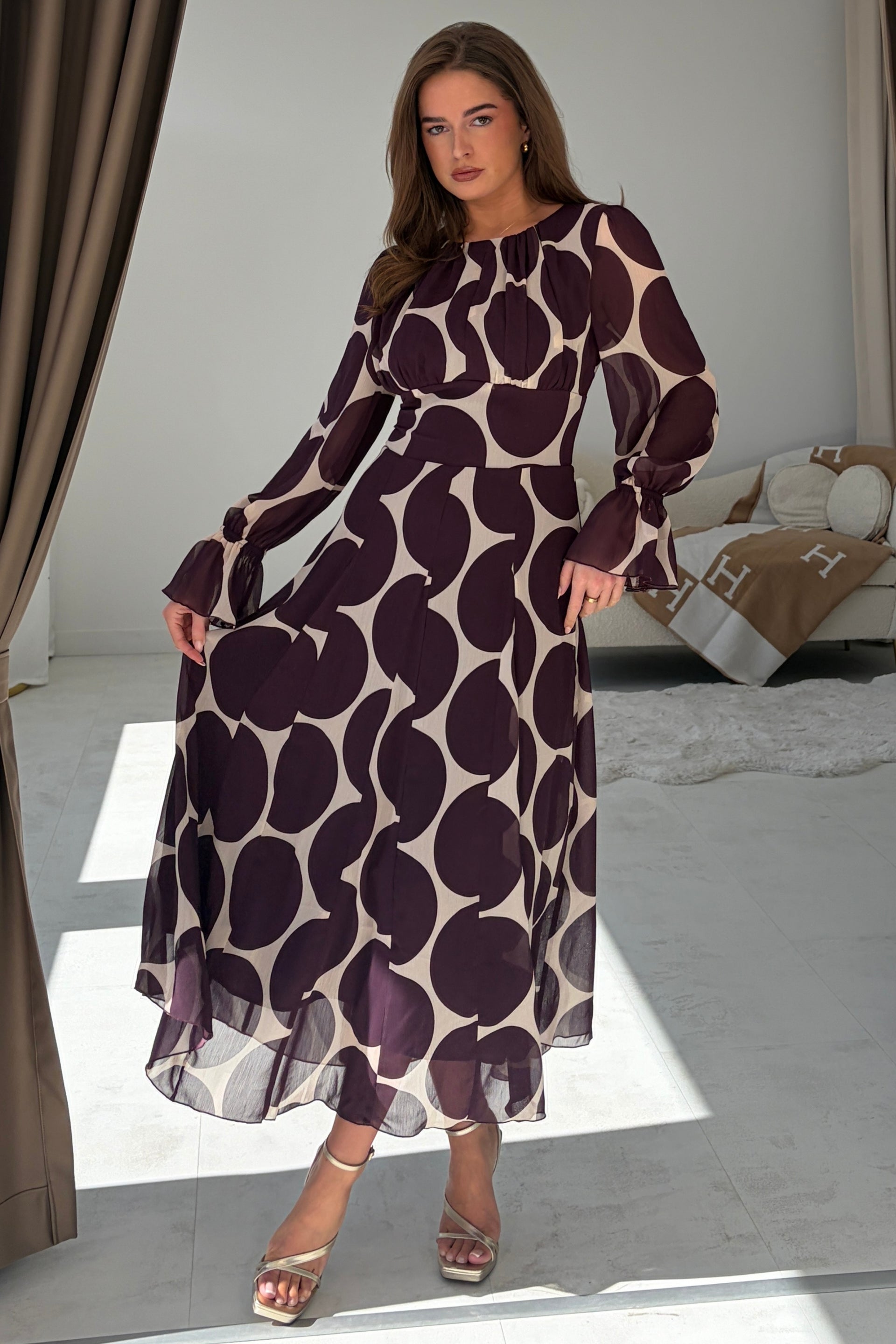 Marcella Spot Print Long Sleeve Maxi Dress Plum