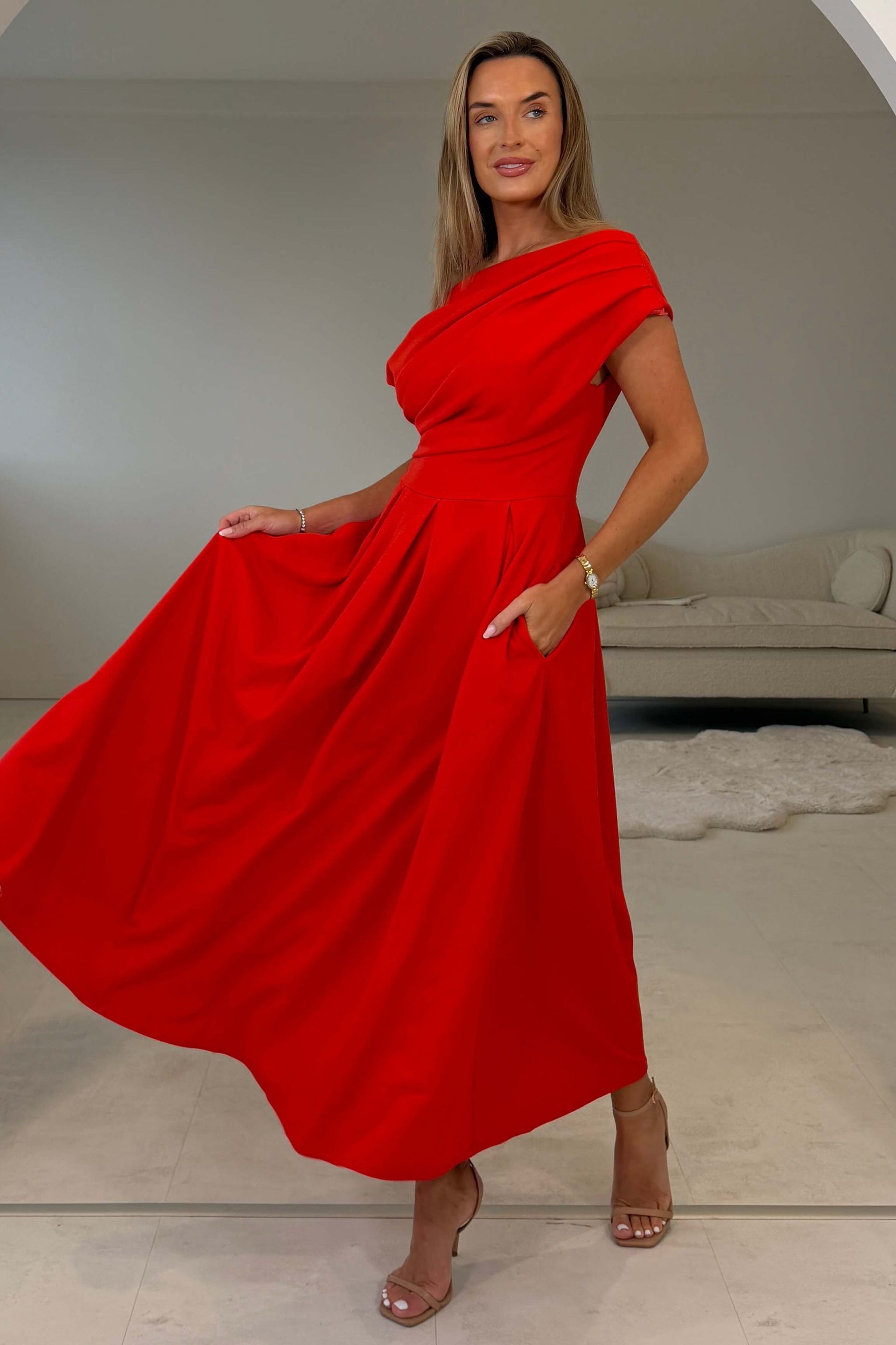 Dollie Asymmetric Neckline Skater Midi Dress Red