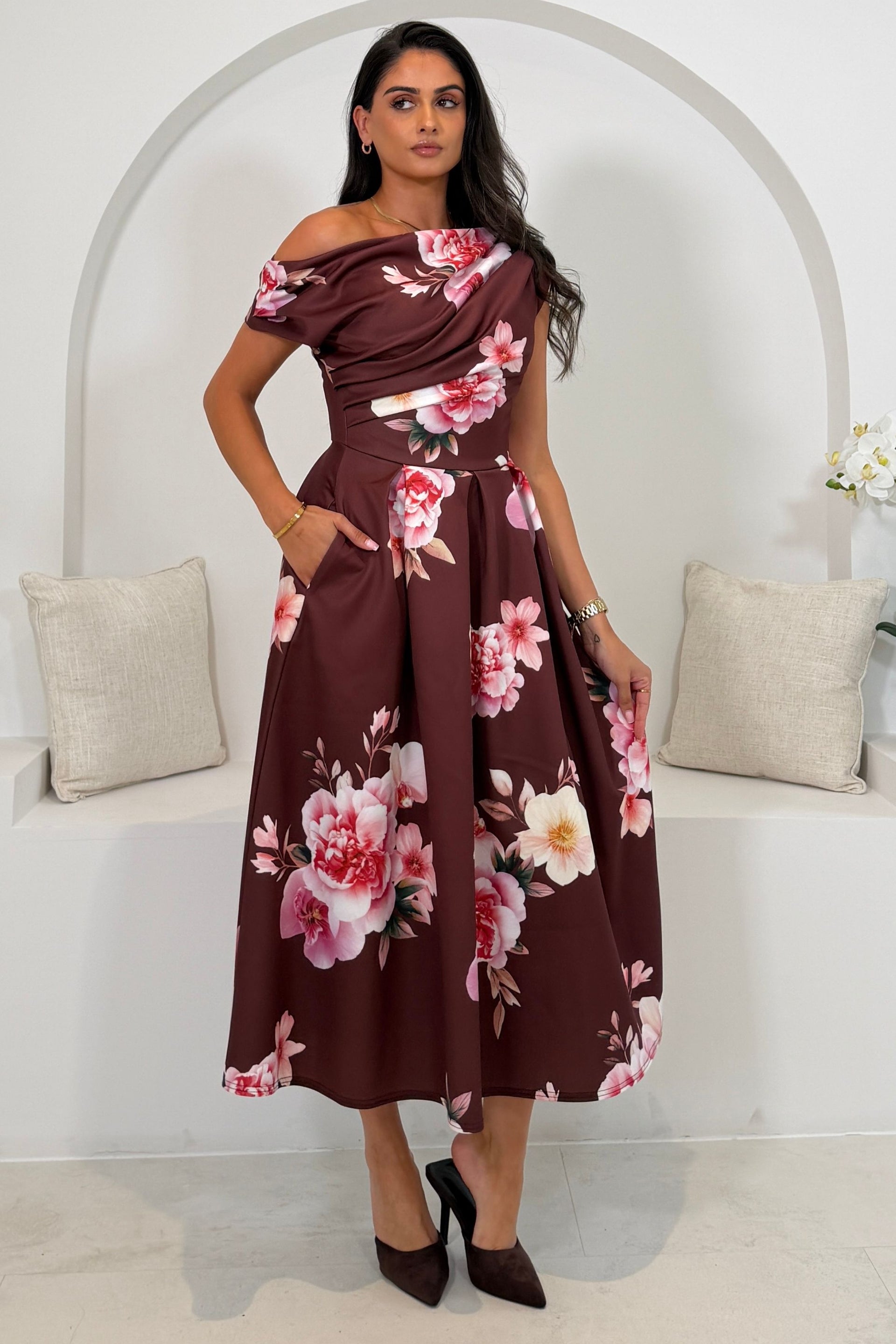 Betty Asymmetric Neckline Skater Midi Wine Floral