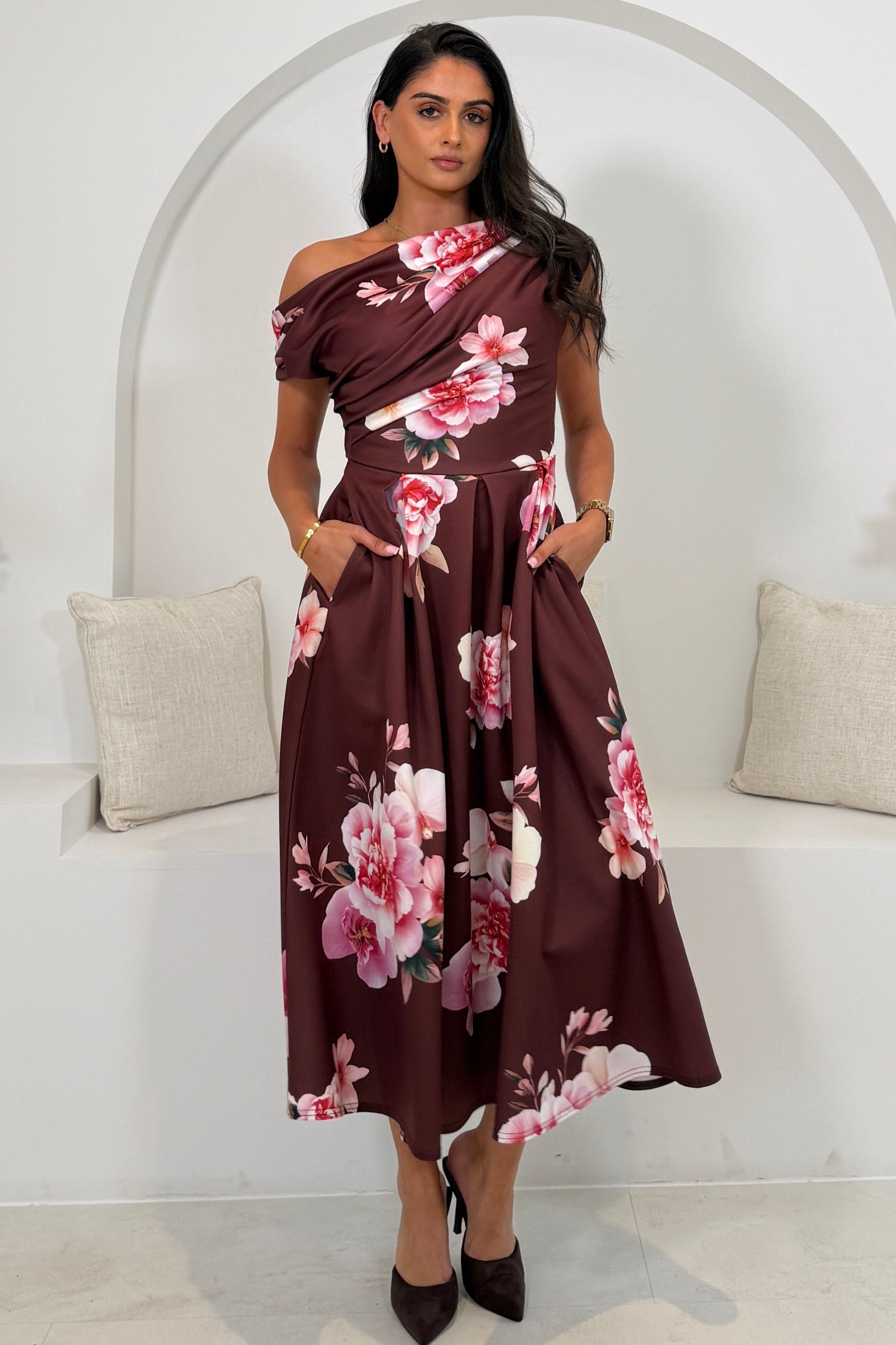 Betty Asymmetric Neckline Skater Midi Wine Floral
