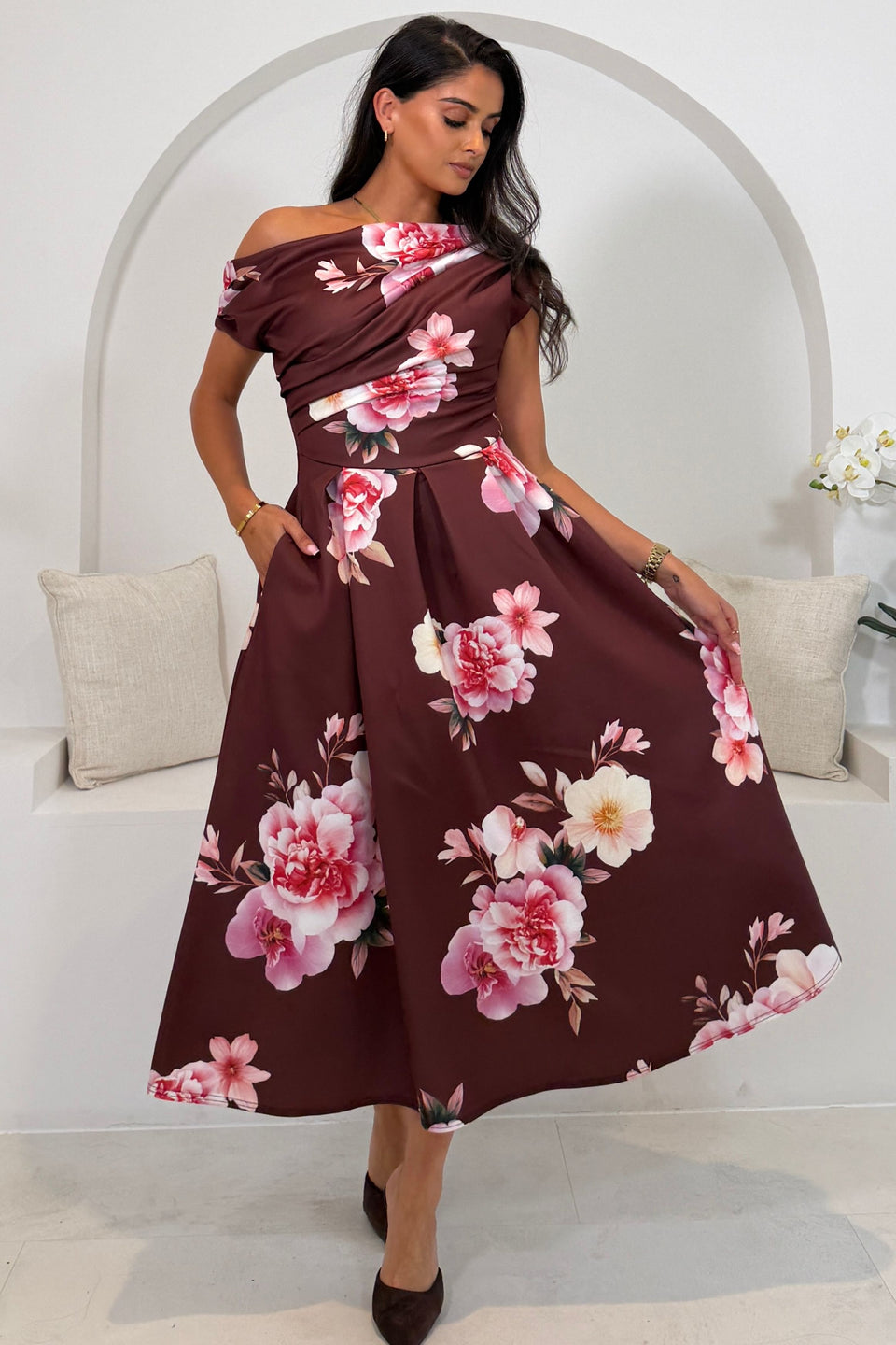 Betty Asymmetric Neckline Skater Midi Wine Floral