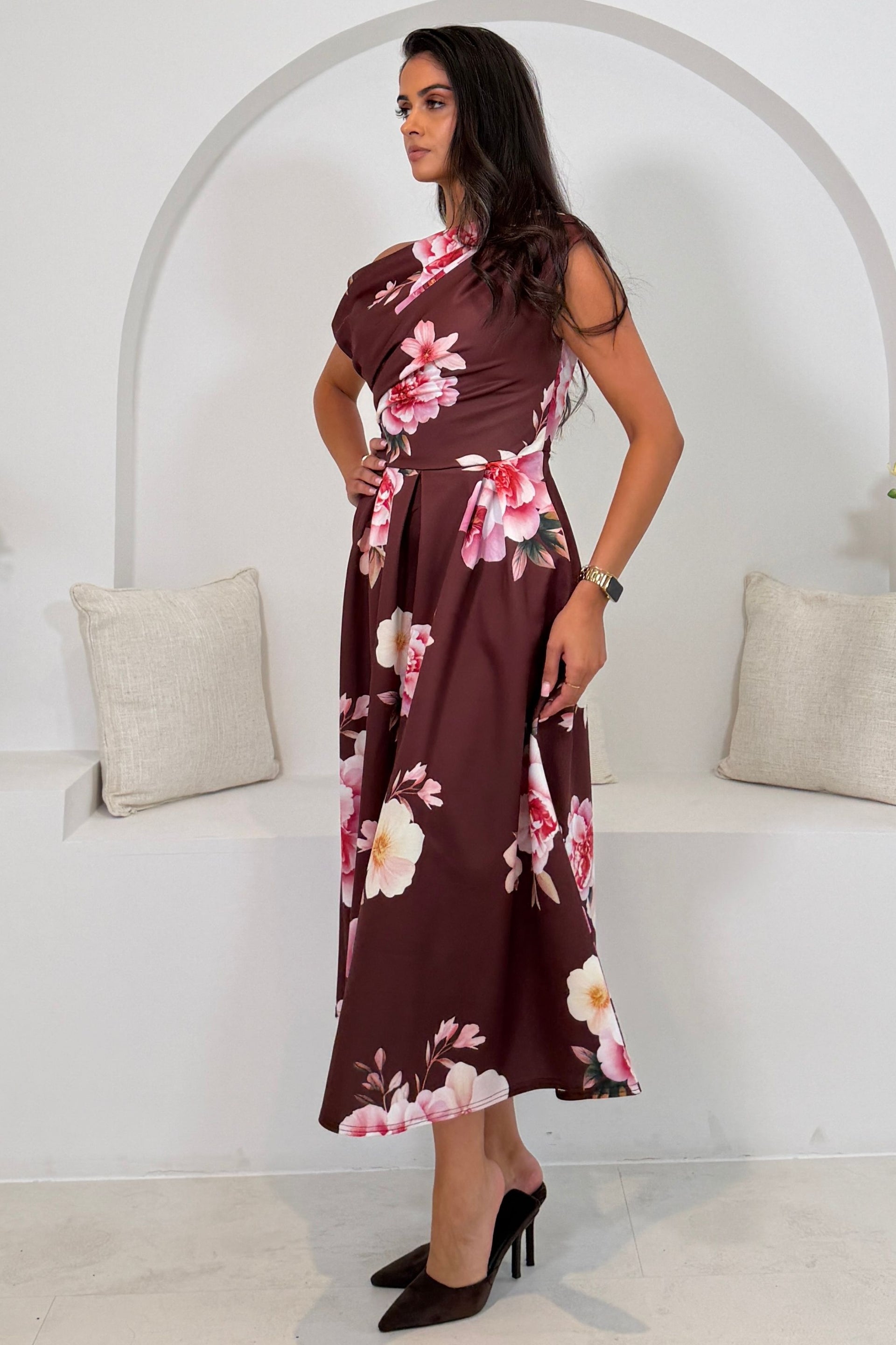 Betty Asymmetric Neckline Skater Midi Wine Floral