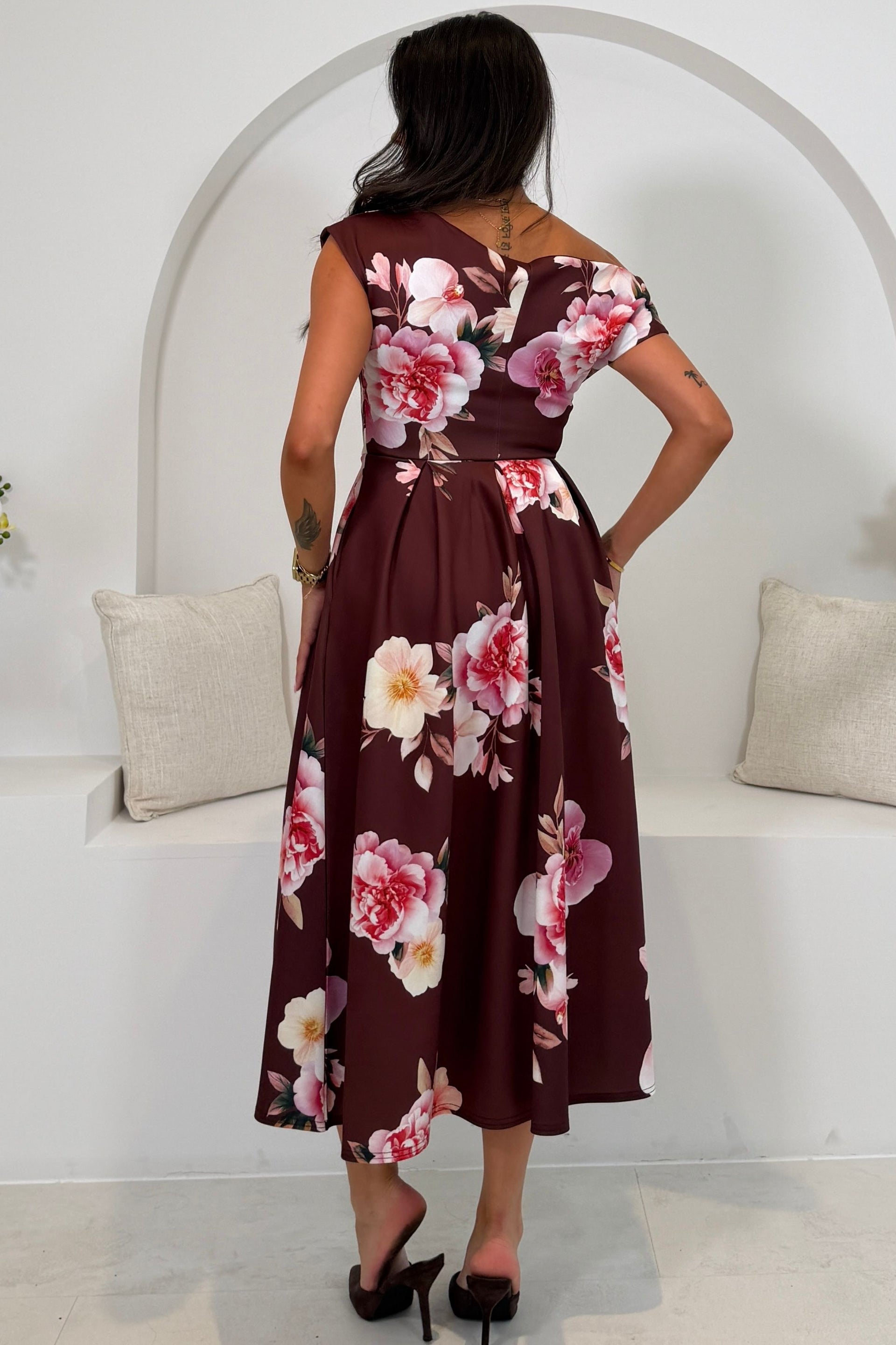 Betty Asymmetric Neckline Skater Midi Wine Floral