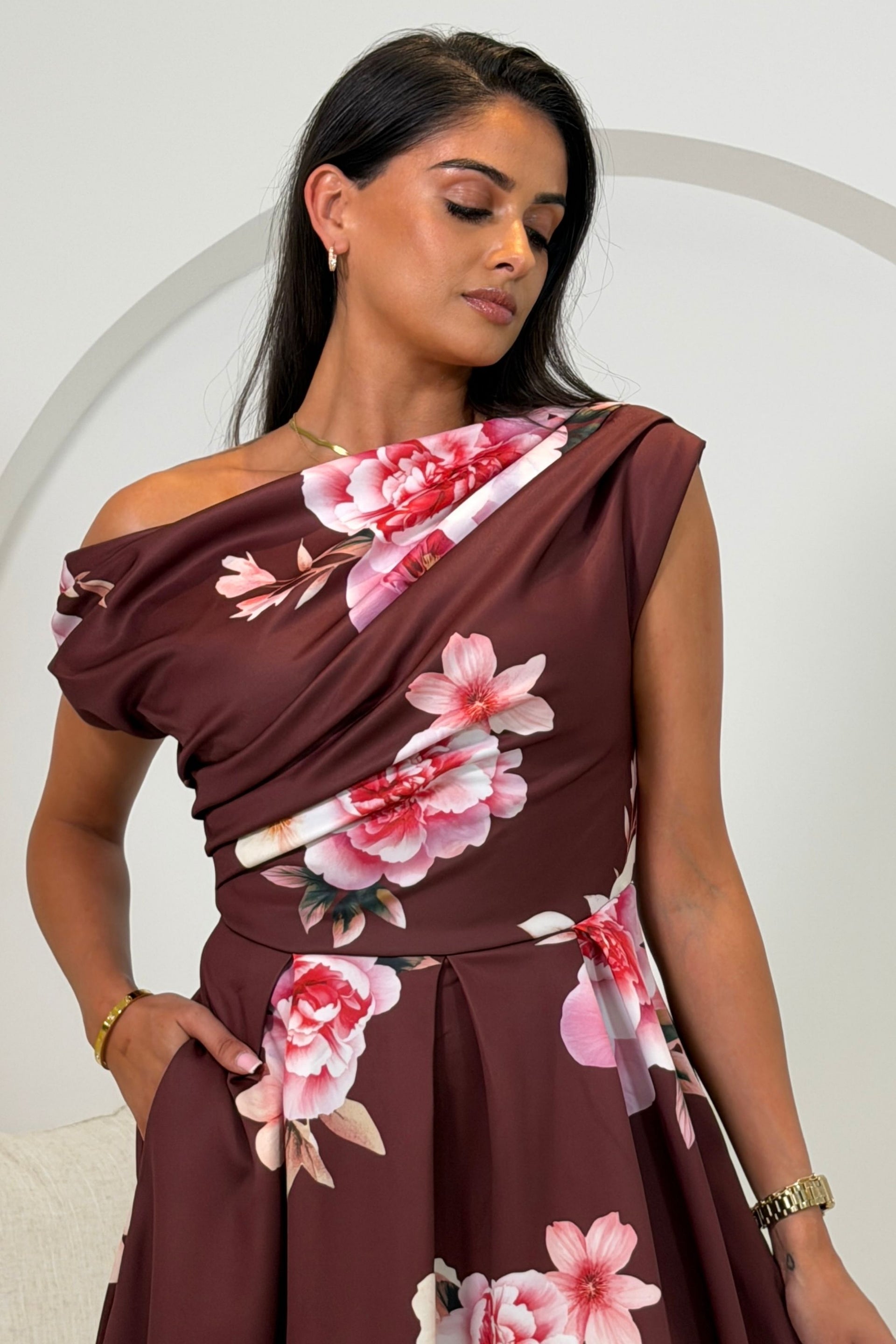 Betty Asymmetric Neckline Skater Midi Wine Floral