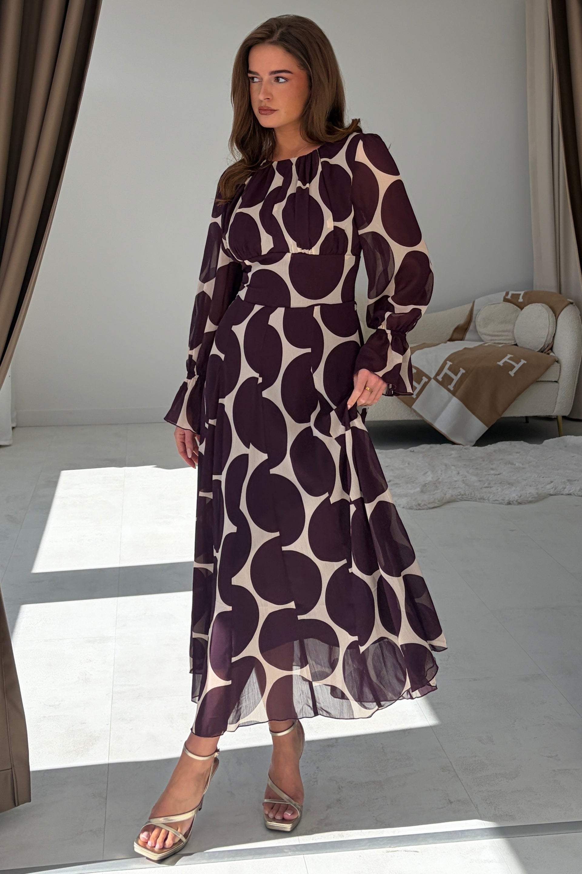 Marcella Spot Print Long Sleeve Maxi Dress Plum