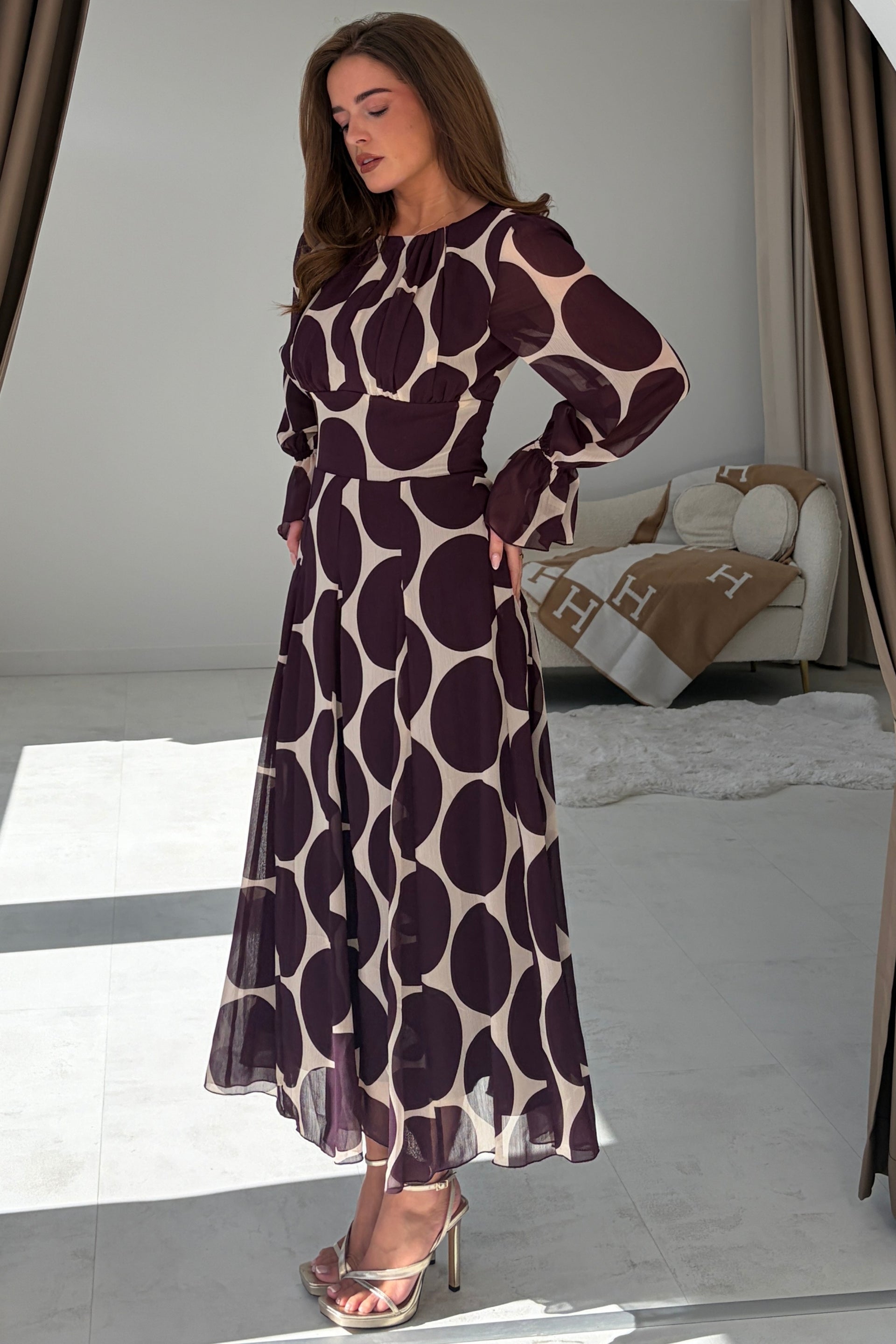 Marcella Spot Print Long Sleeve Maxi Dress Plum