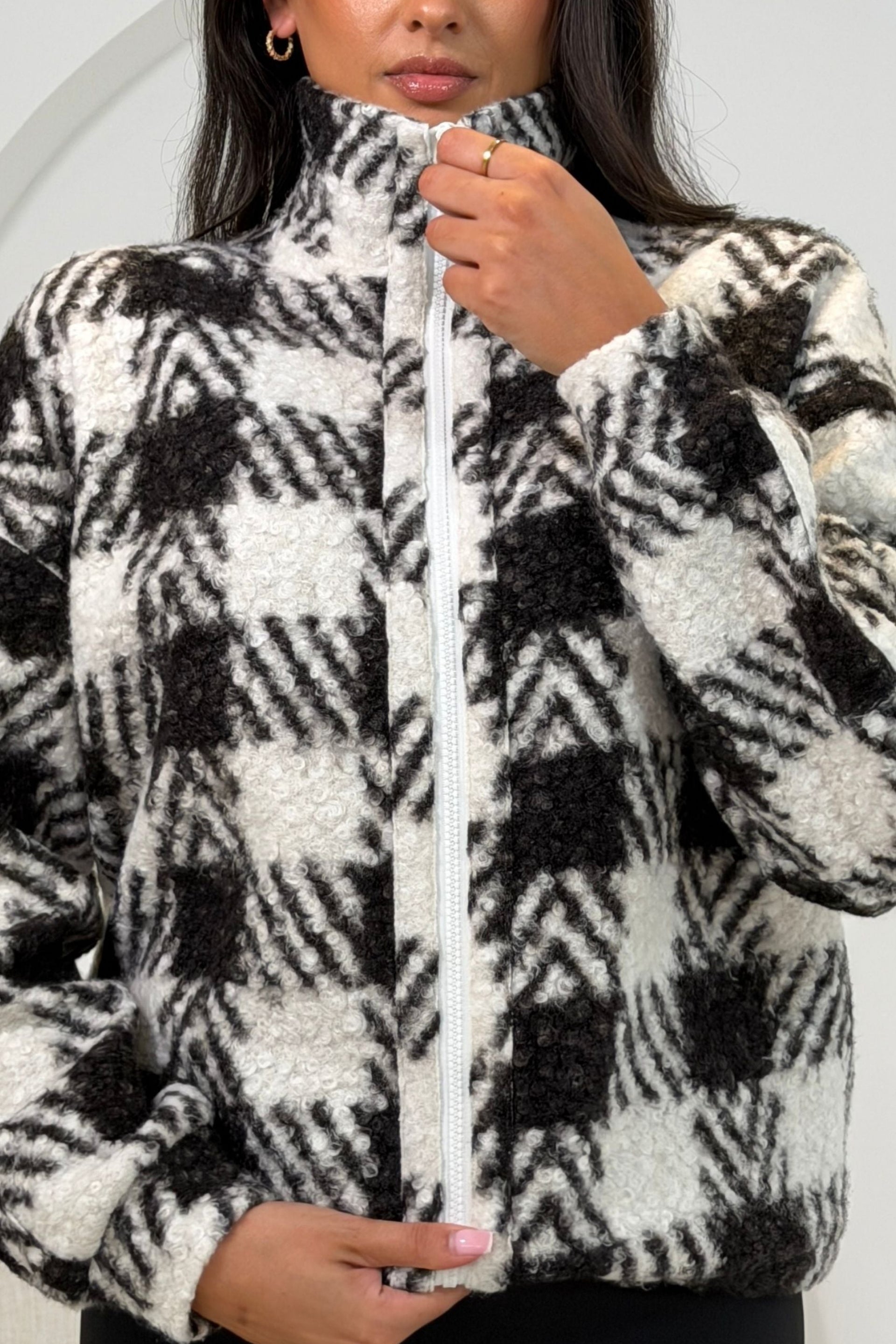 Tessa Full Zip Check Print Fleece Black