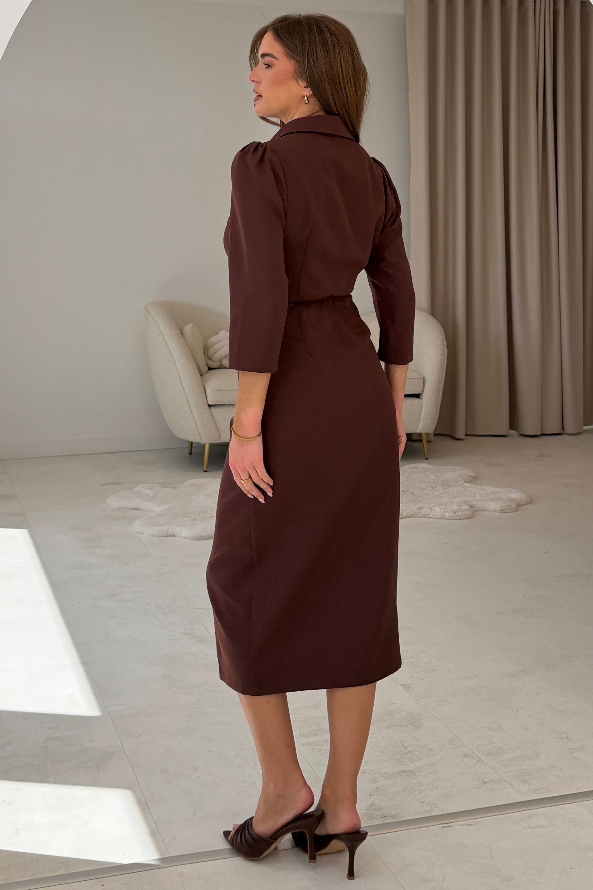 Amarie Rushed Front Split Midi Dress Brown