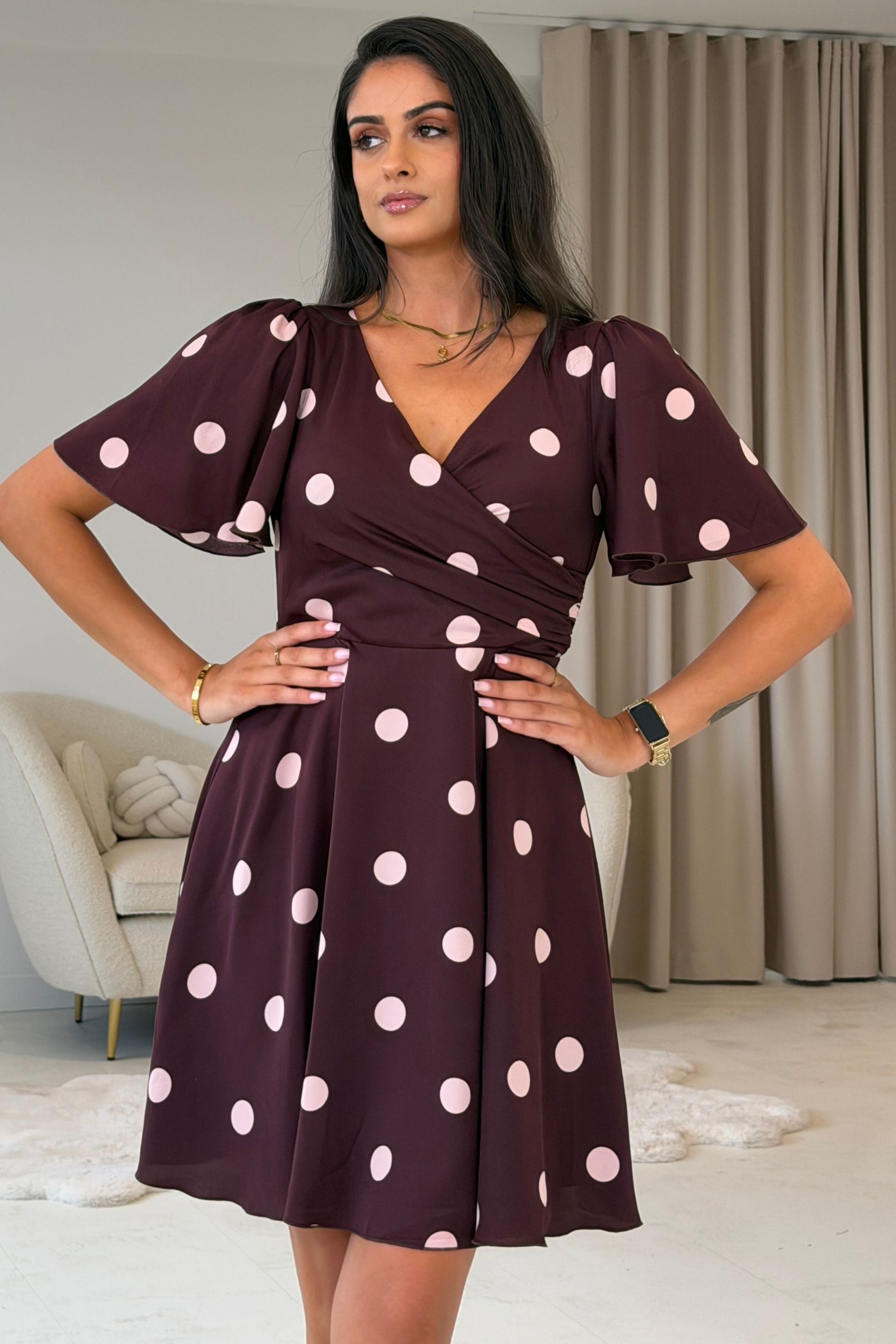 Kristie V-Neck Polka Mini Dress Wine