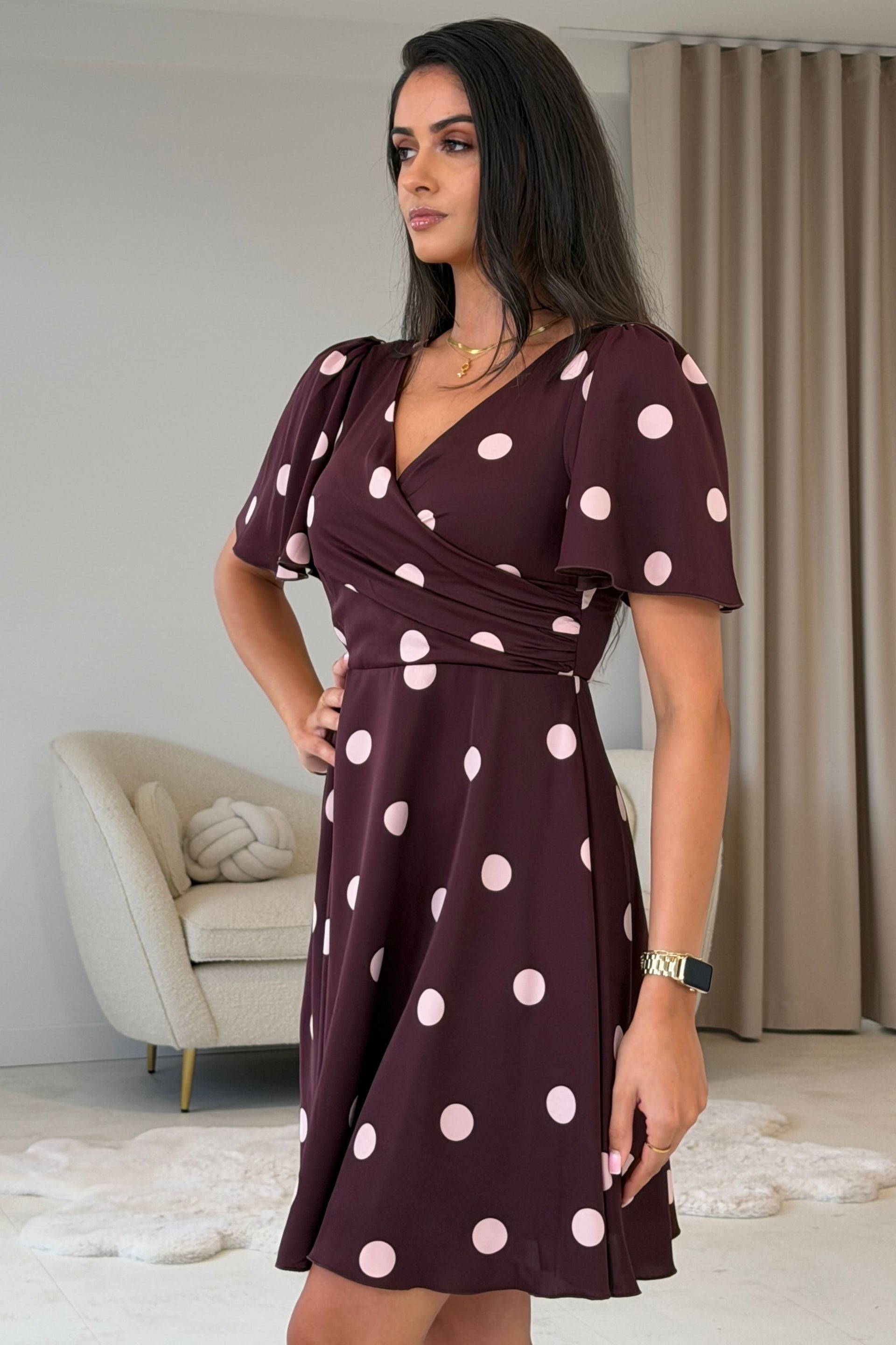 Kristie V-Neck Polka Mini Dress Wine