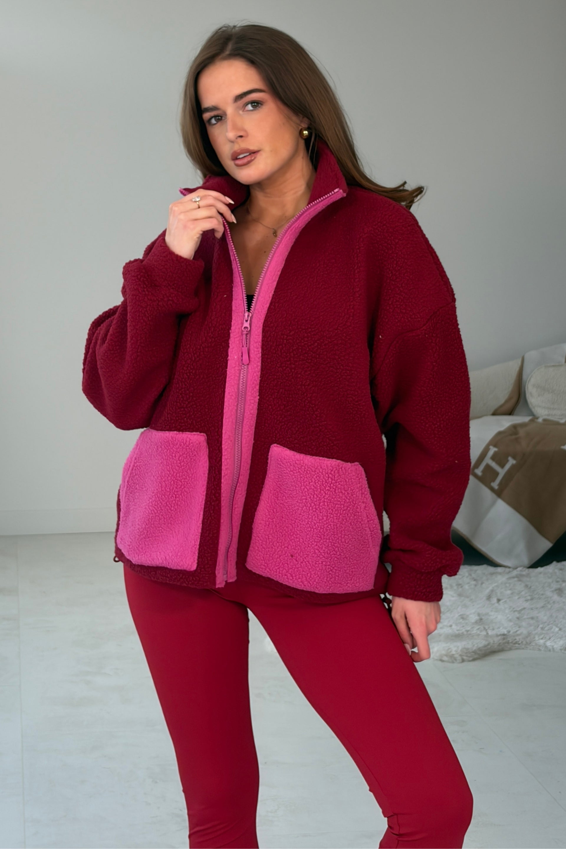 Mimi Contrast Pocket Full Zip Fleece Wine