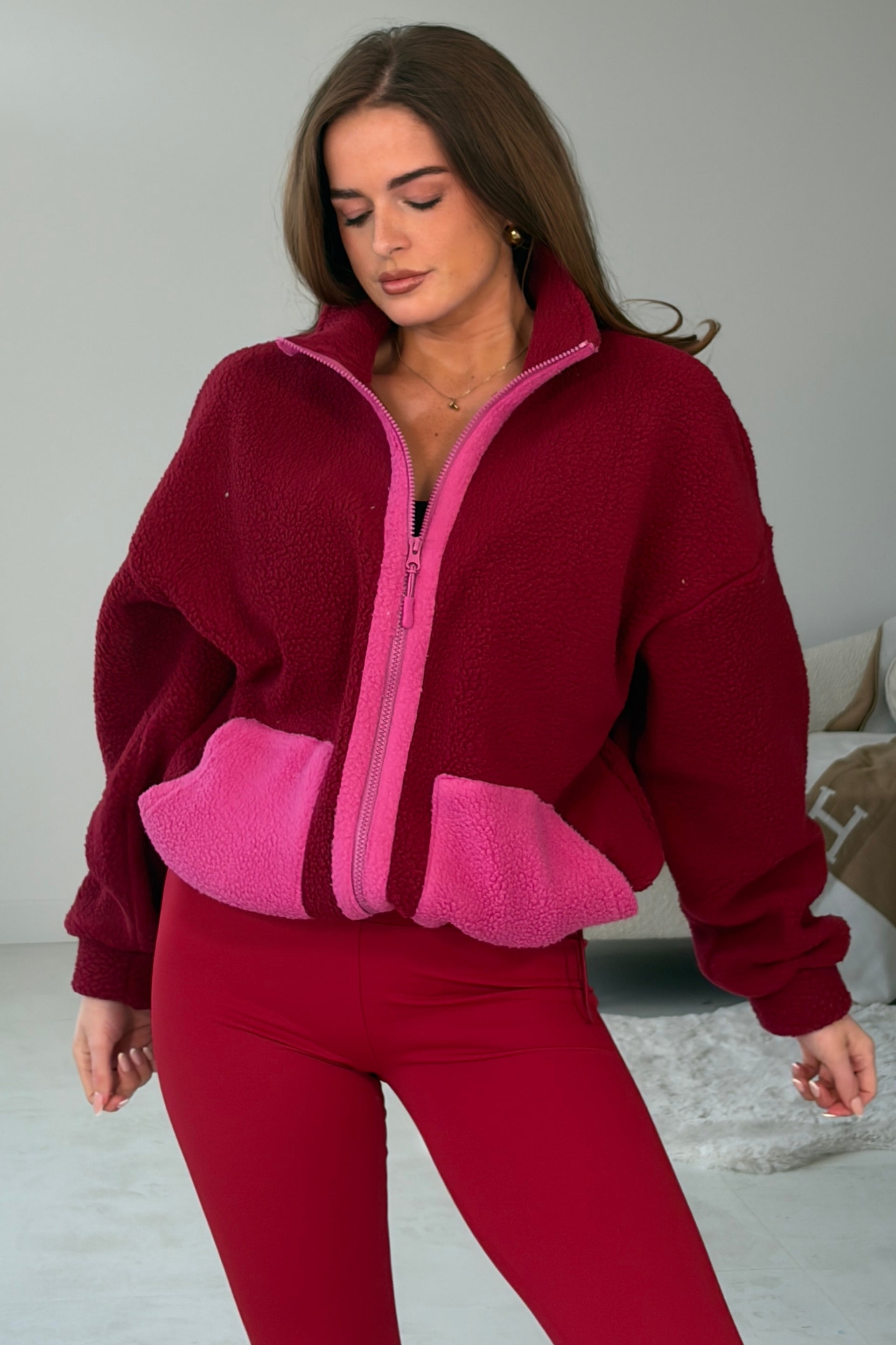 Mimi Contrast Pocket Full Zip Fleece Wine