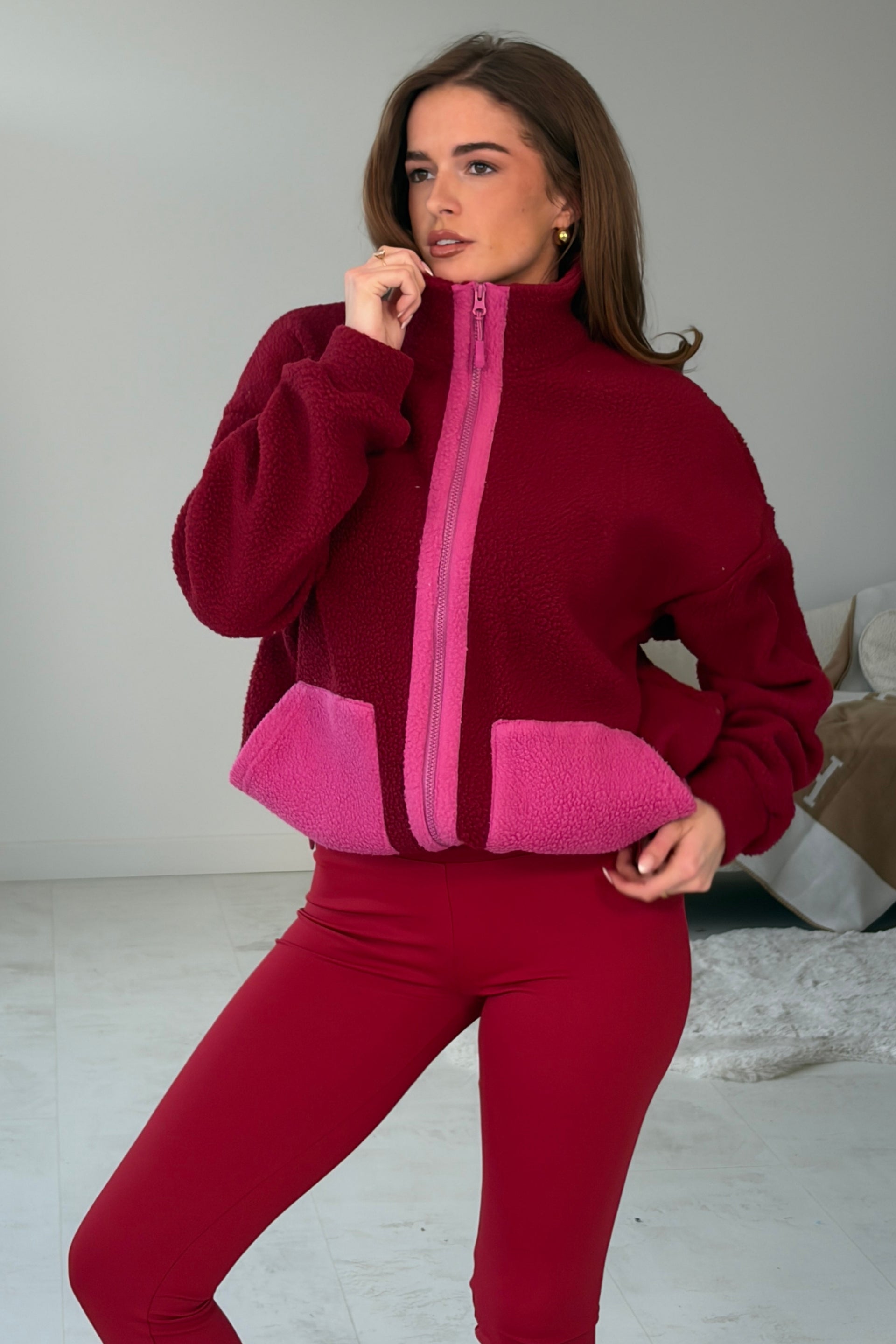 Mimi Contrast Pocket Full Zip Fleece Wine