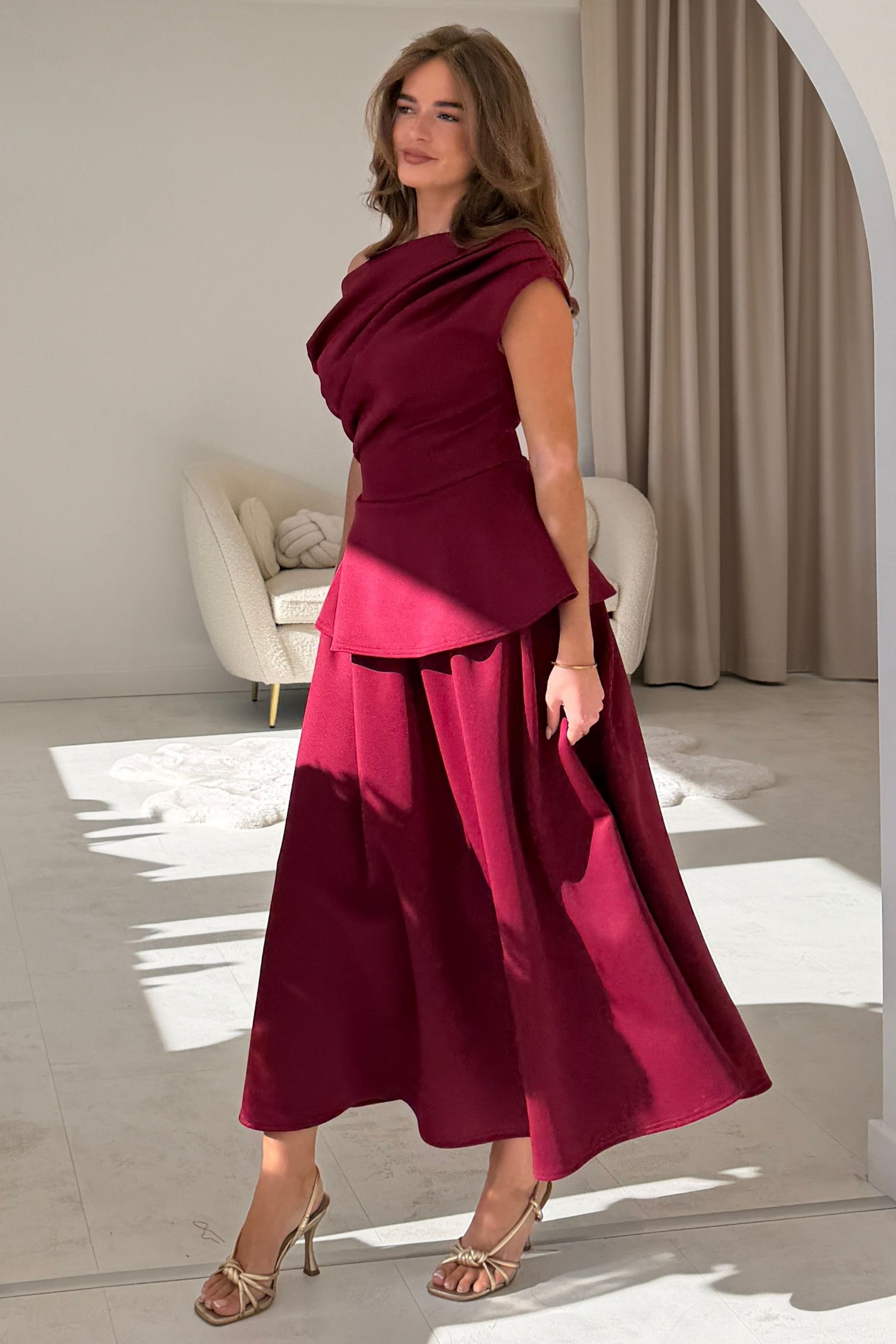 Connie Peplum Midi Dress Burgundy