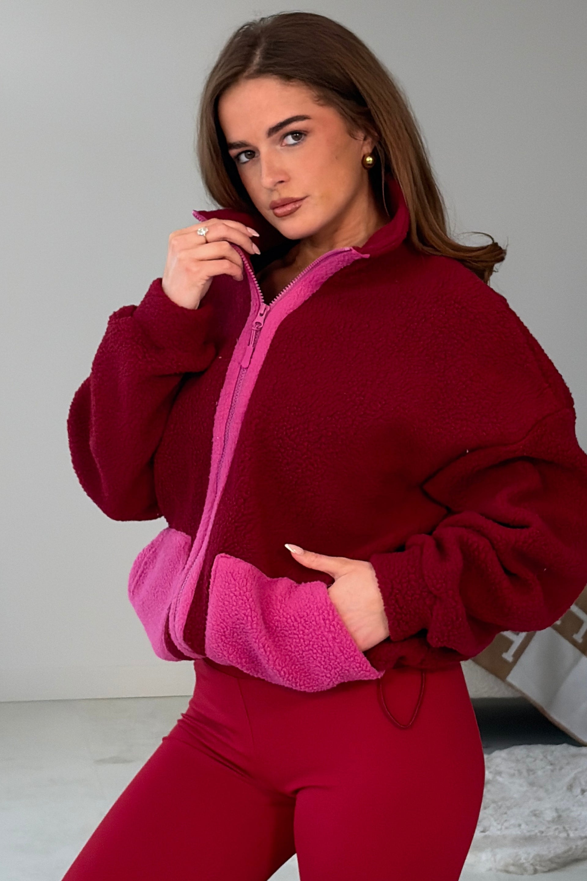 Mimi Contrast Pocket Full Zip Fleece Wine
