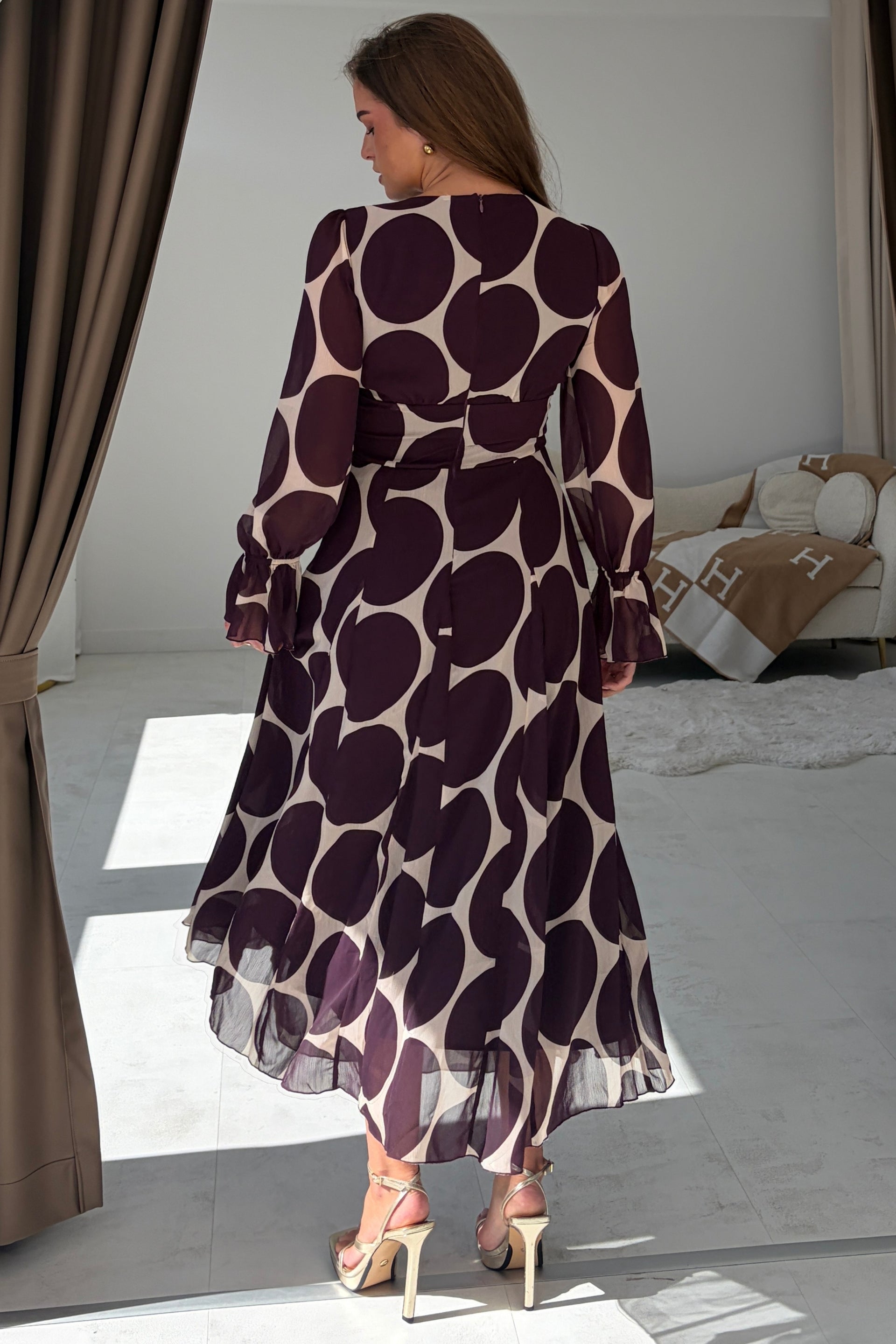 Marcella Spot Print Long Sleeve Maxi Dress Plum