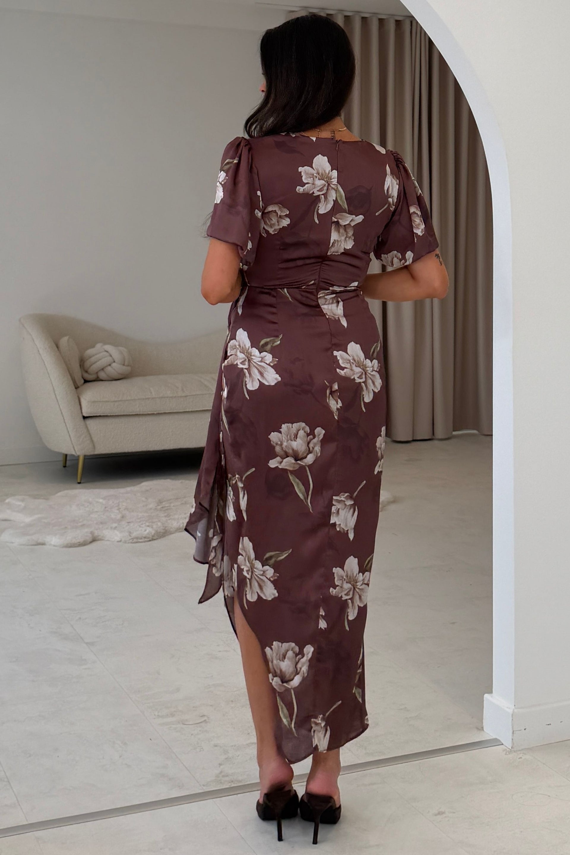 Drew Puff Sleeve Wrap Front Midi Dress Floral Brown