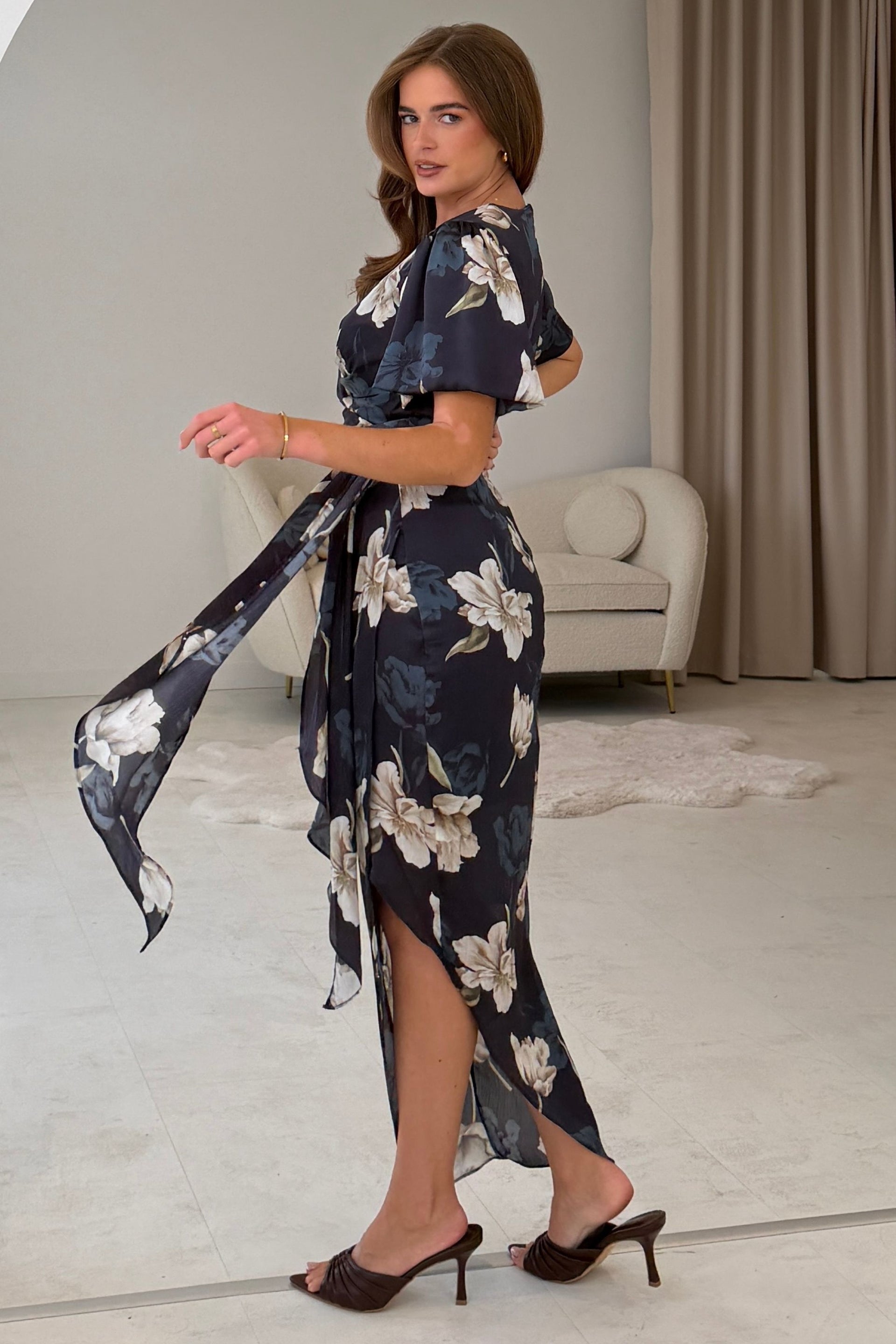 Drew Puff Sleeve Wrap Front Midi Dress Floral Navy