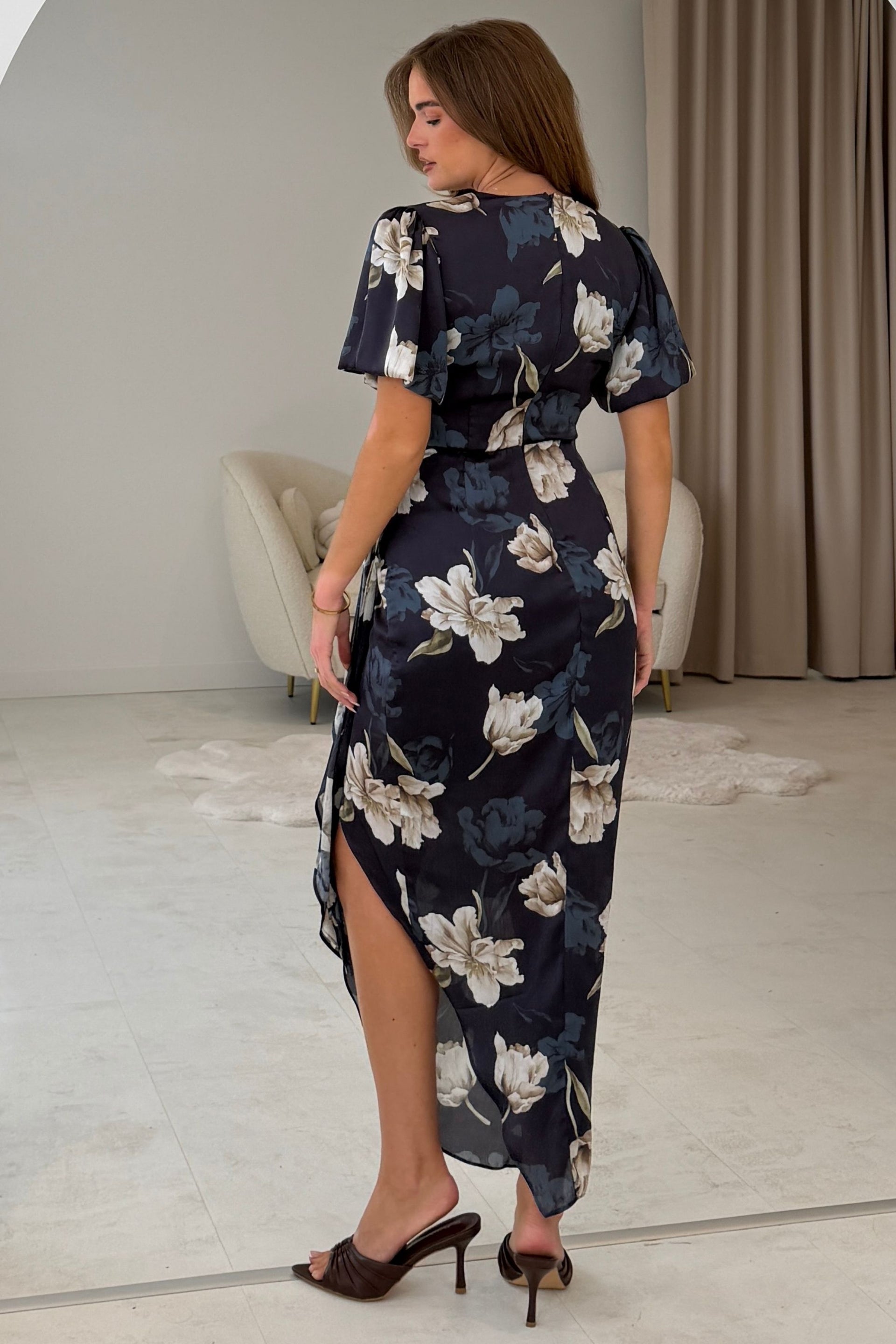 Drew Puff Sleeve Wrap Front Midi Dress Floral Navy