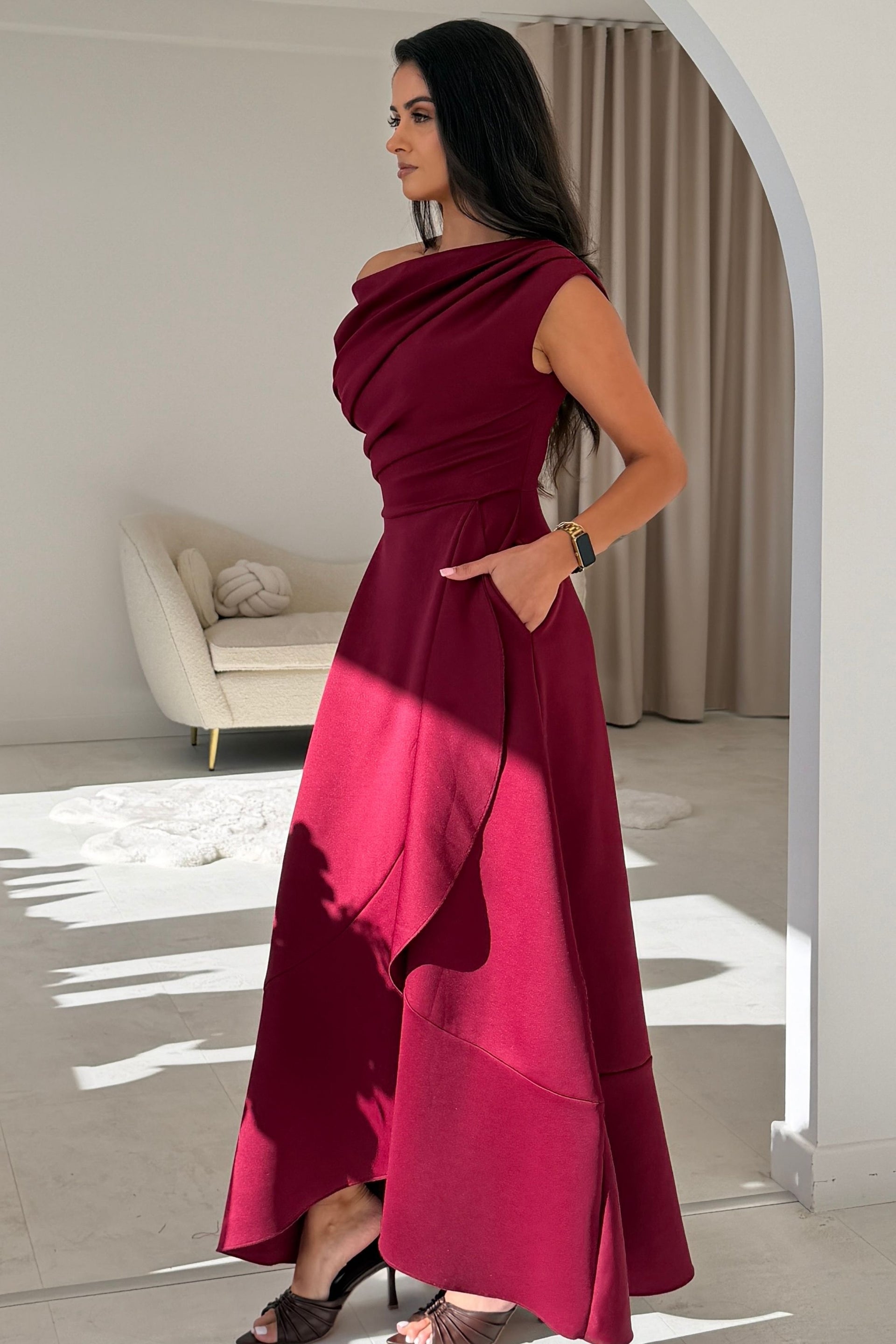 Florie Frill Wrap Maxi Dress Wine