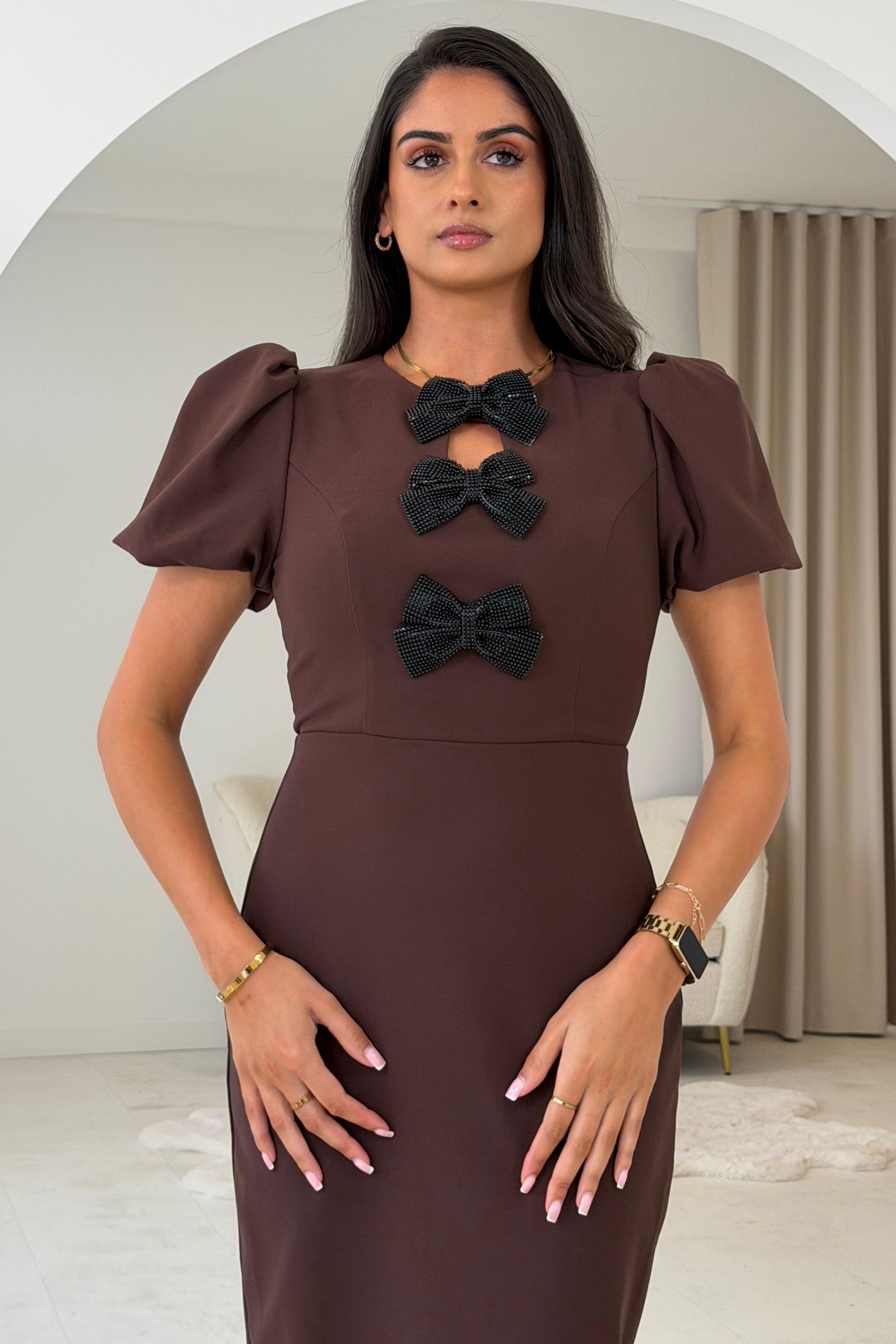 Emma Cut Out Bow Midi Dress Brown