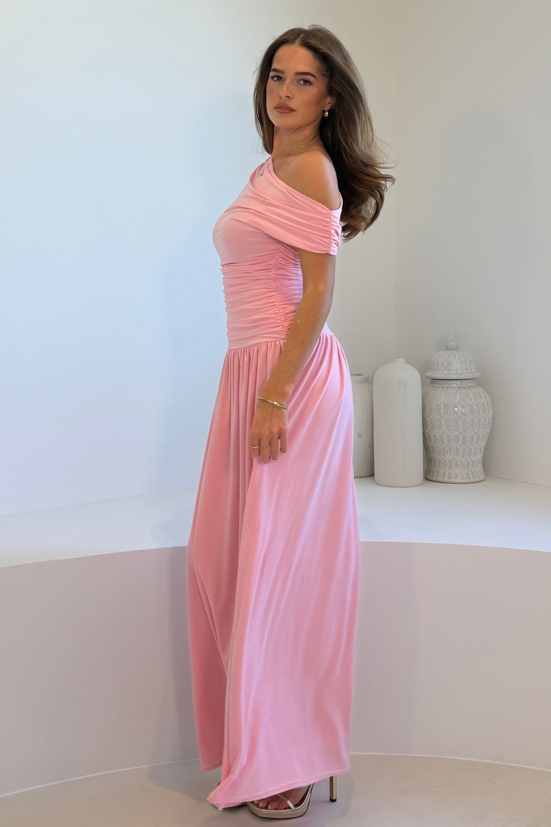 Colette Rushed Off Shoulder Maxi Dress Pink – Girl In Mind Colette Rushed Off Shoulder Maxi Dress Pink – Girl In Mind