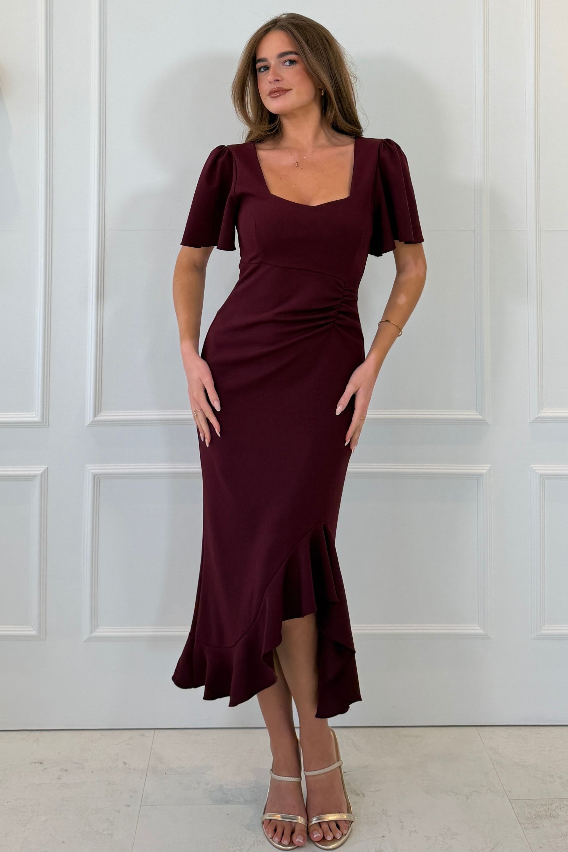 Darcie Flaired Sleeve Frill Midi Dress Berry
