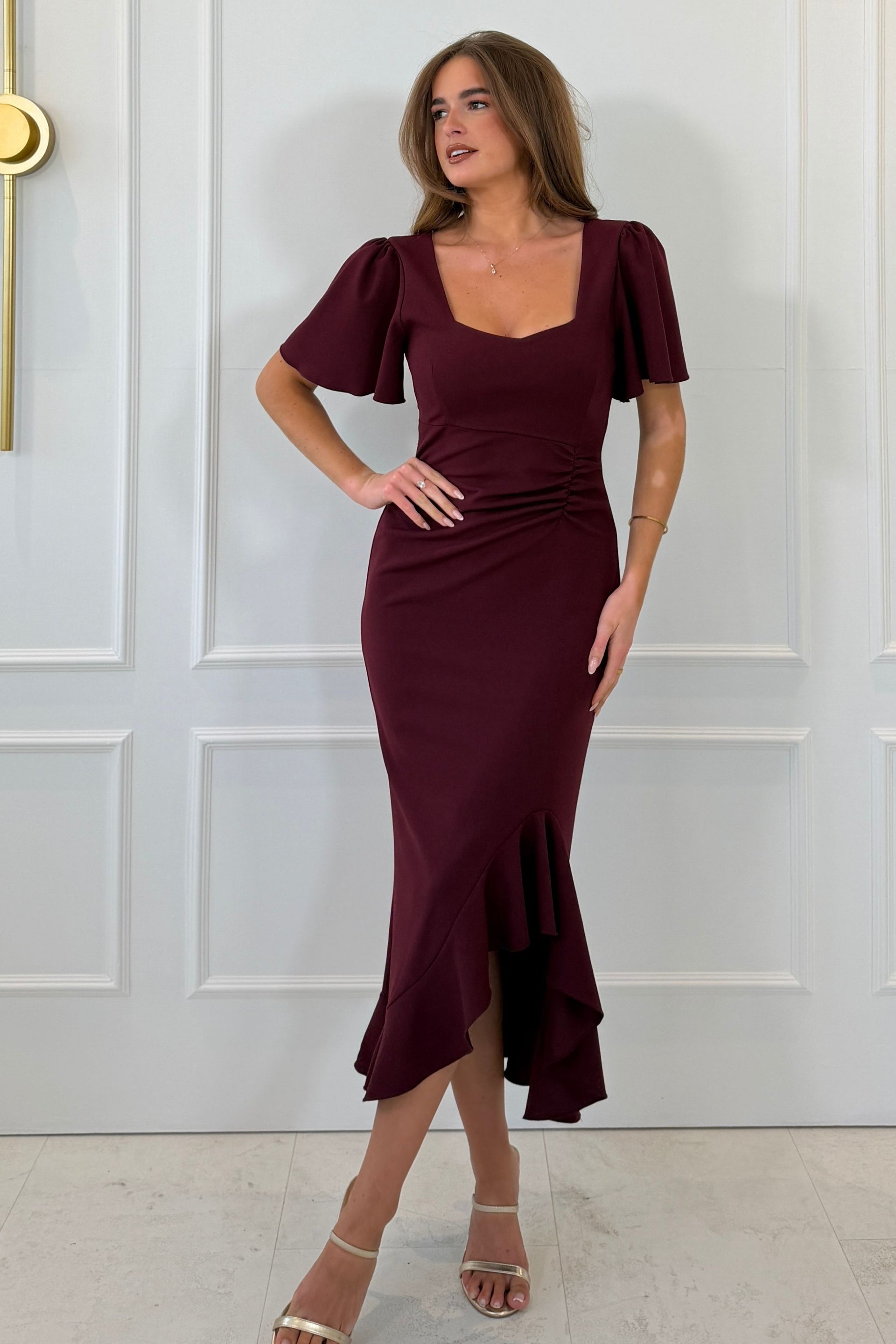 Darcie Flaired Sleeve Frill Midi Dress Berry