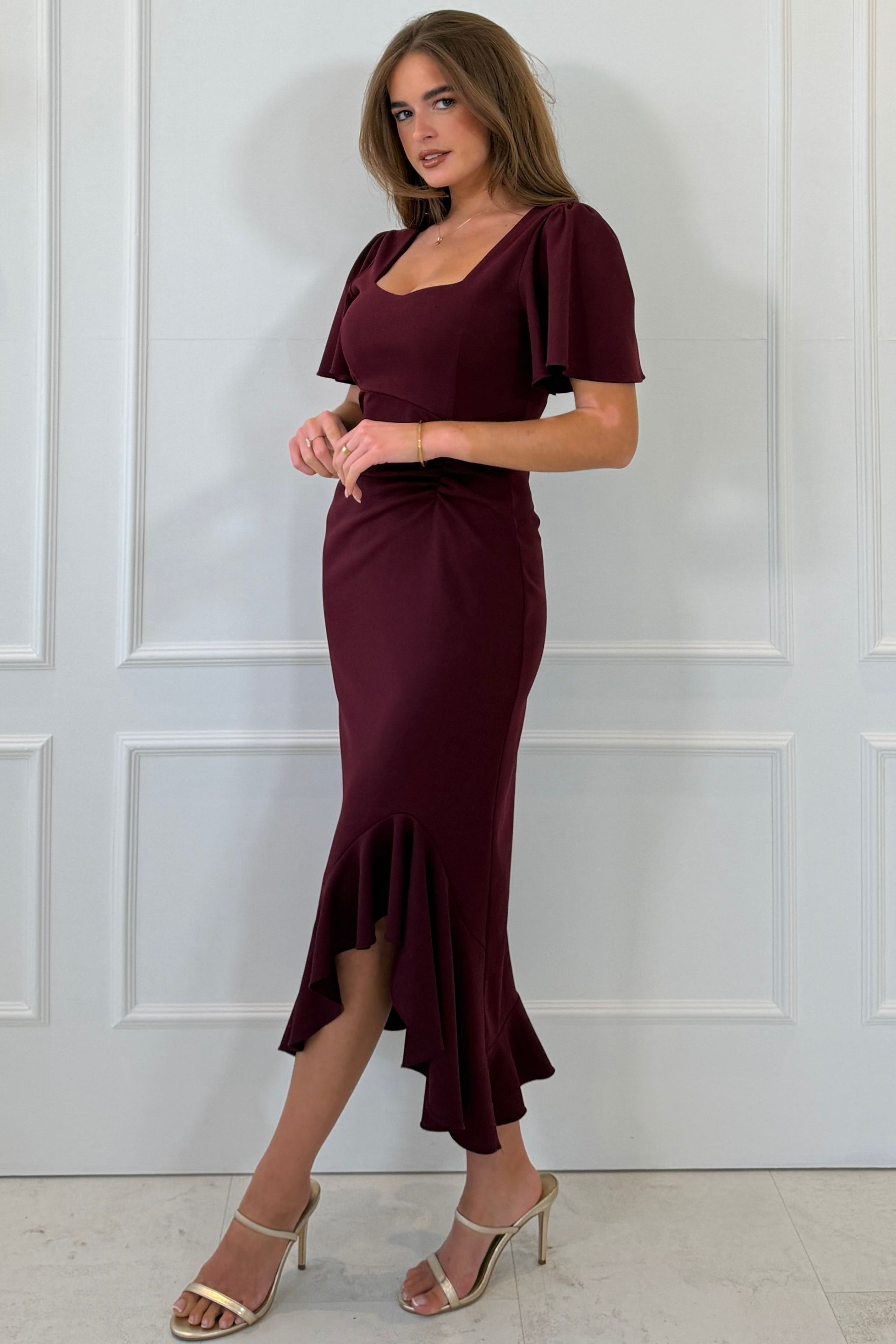Darcie Flaired Sleeve Frill Midi Dress Berry