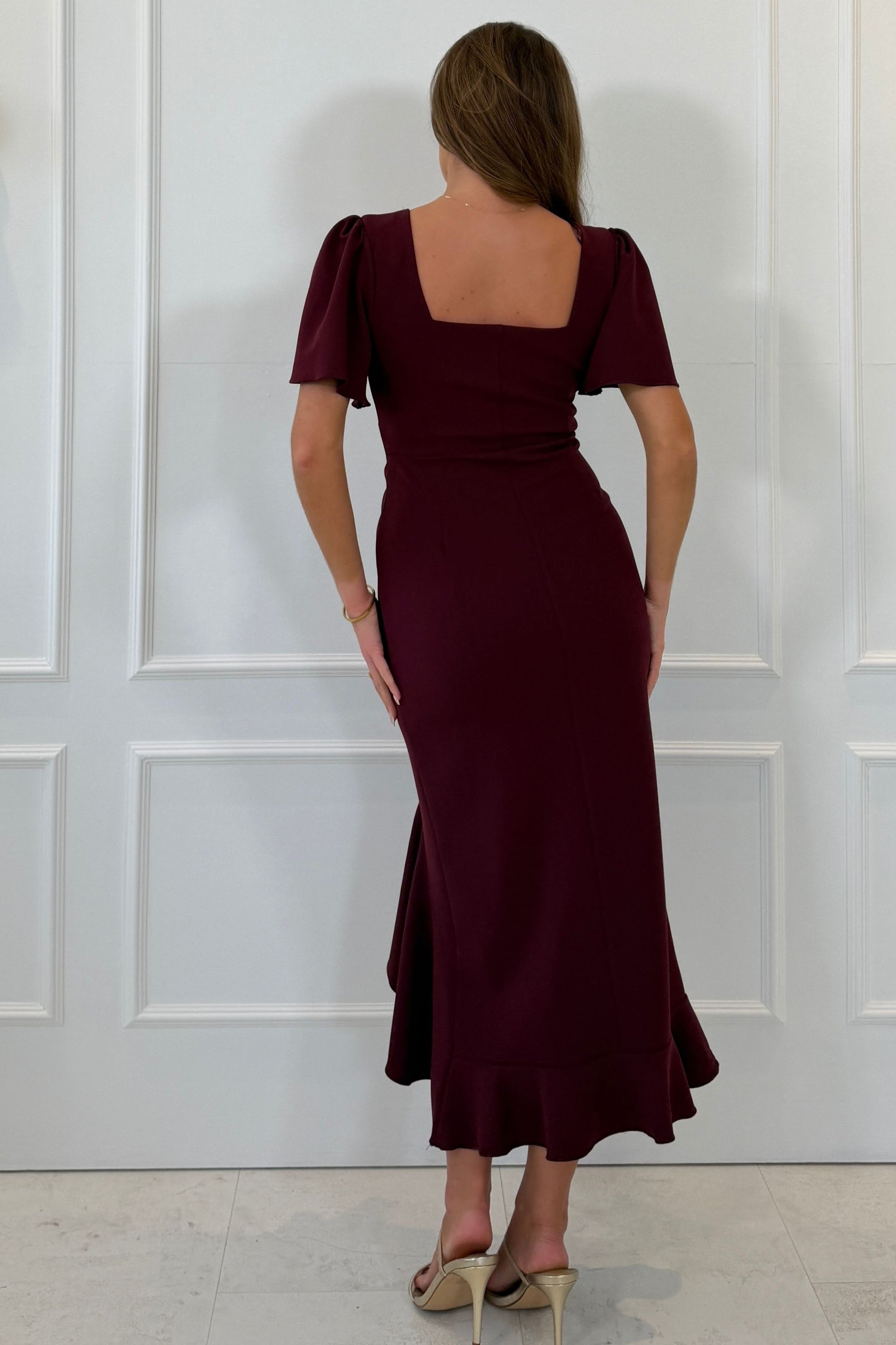 Darcie Flaired Sleeve Frill Midi Dress Berry